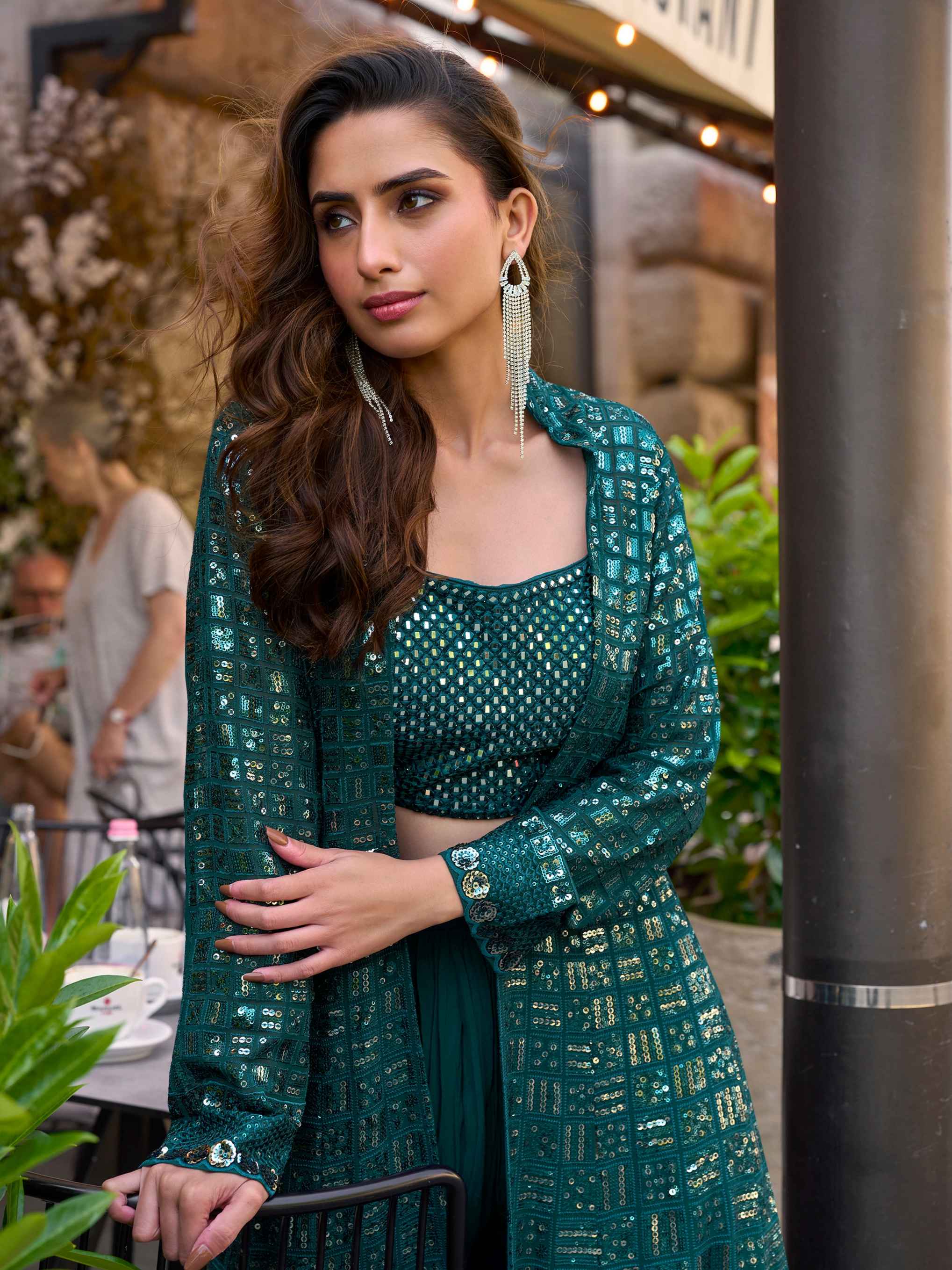 Teal Green Real Georgette Designer Jacket Palazzo Set