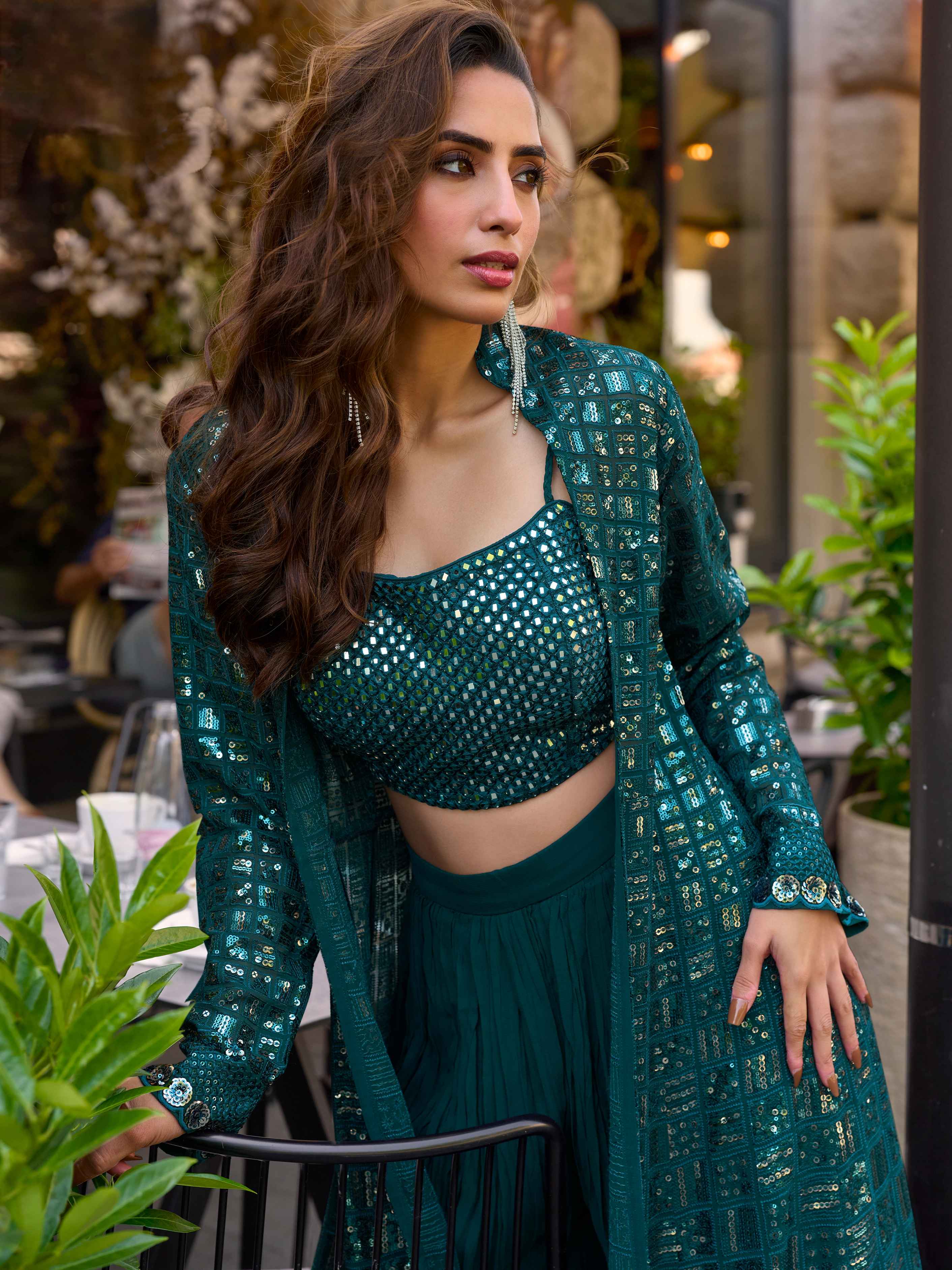 Teal Green Real Georgette Designer Jacket Palazzo Set Palazzo Jacket Set Anant Tex Exports Pvt.Ltd..