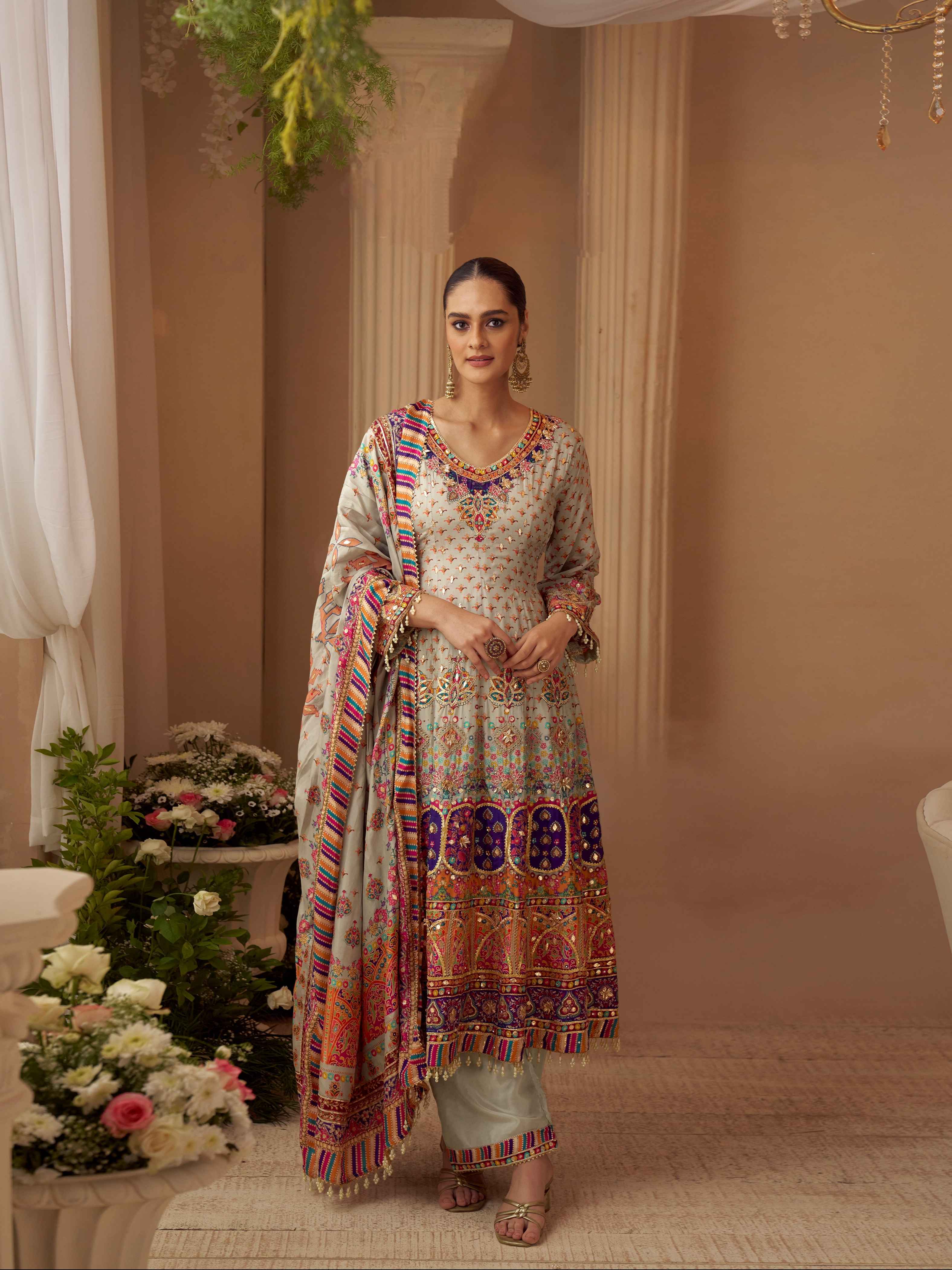 Ivory Beige Natural Crepe Silk Printed Plazzo Suit with Hand Aari Work