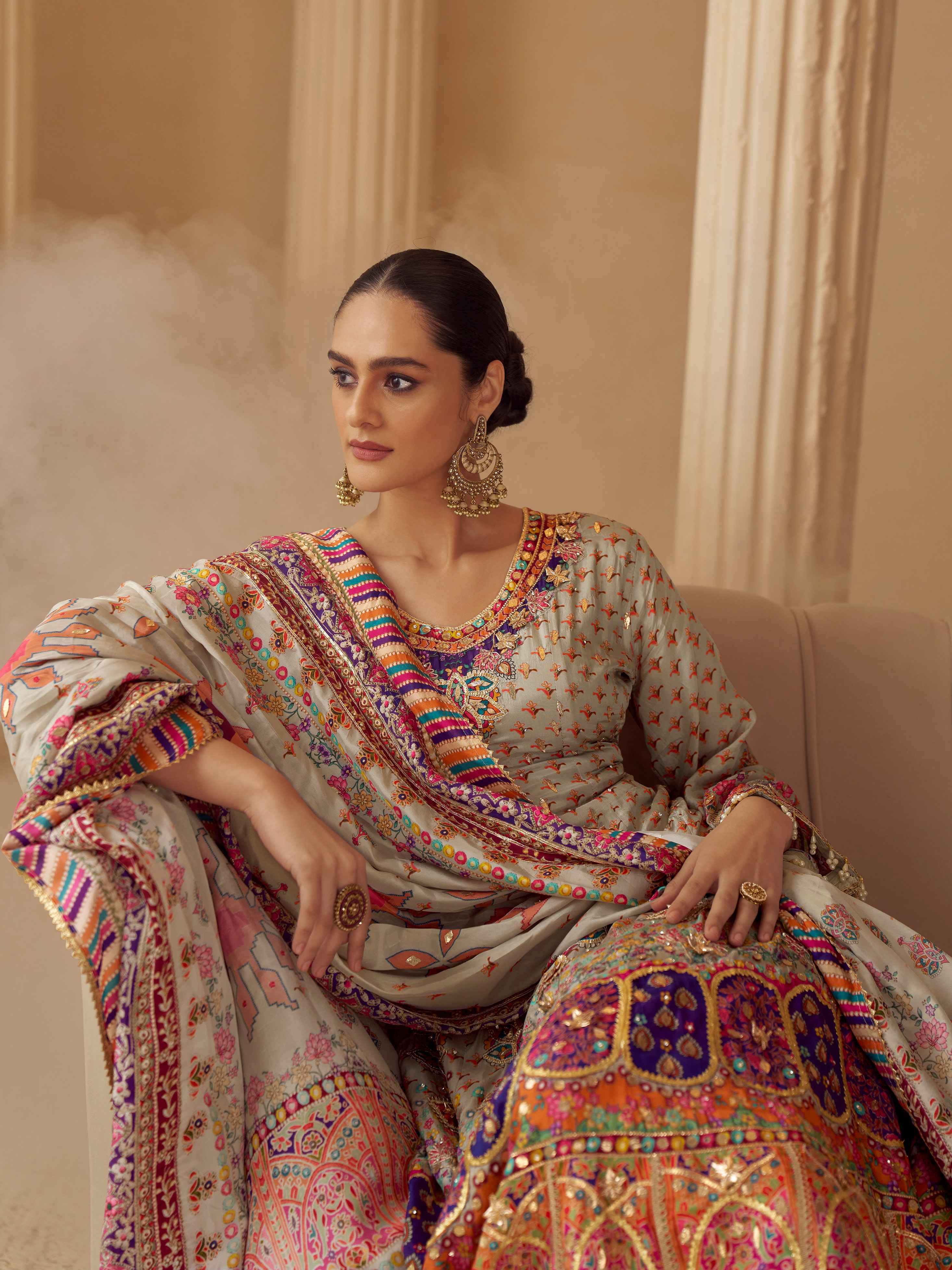 Ivory Beige Natural Crepe Silk Printed Plazzo Suit with Hand Aari Work