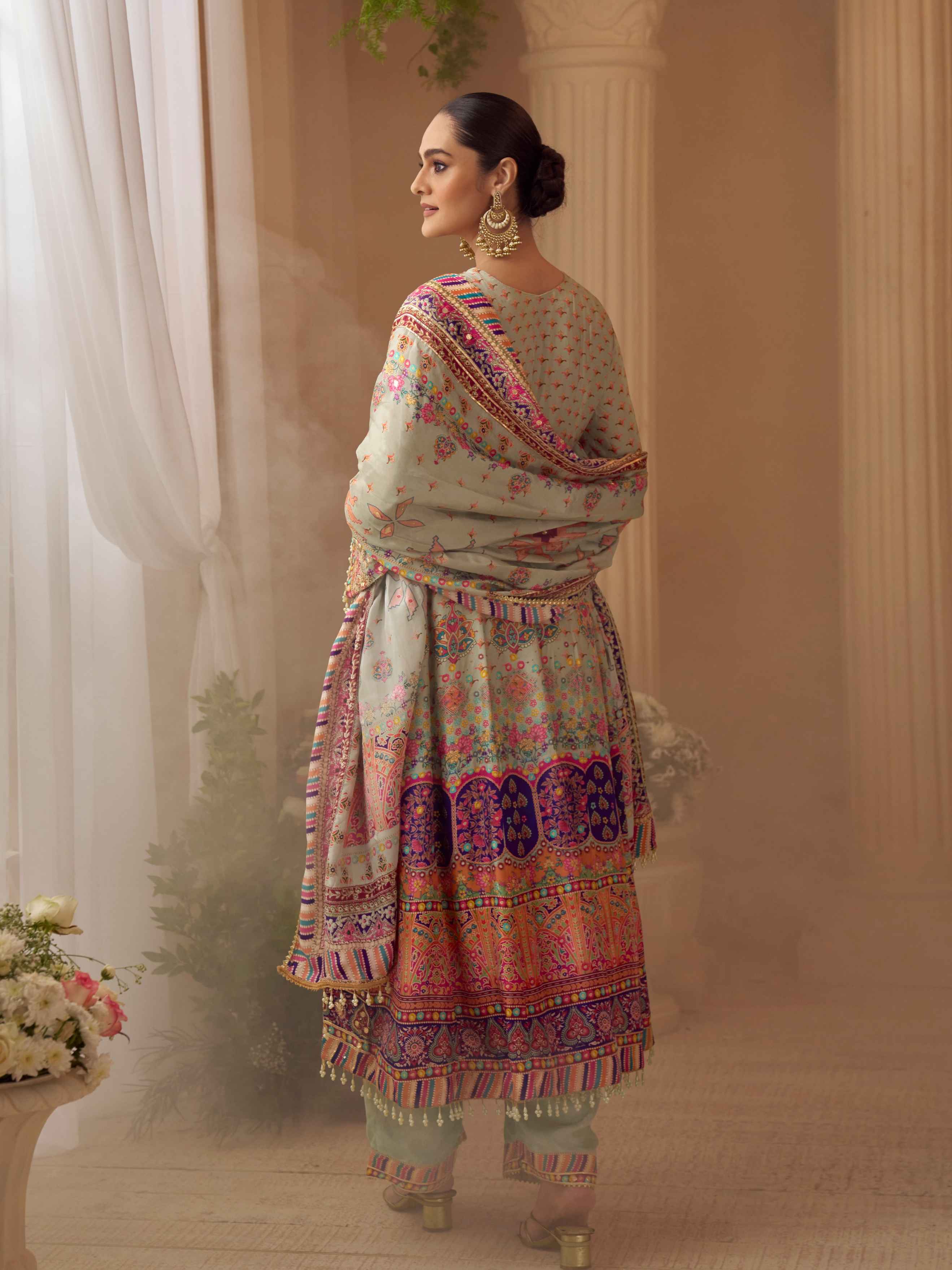 Ivory Beige Natural Crepe Silk Printed Plazzo Suit with Hand Aari Work