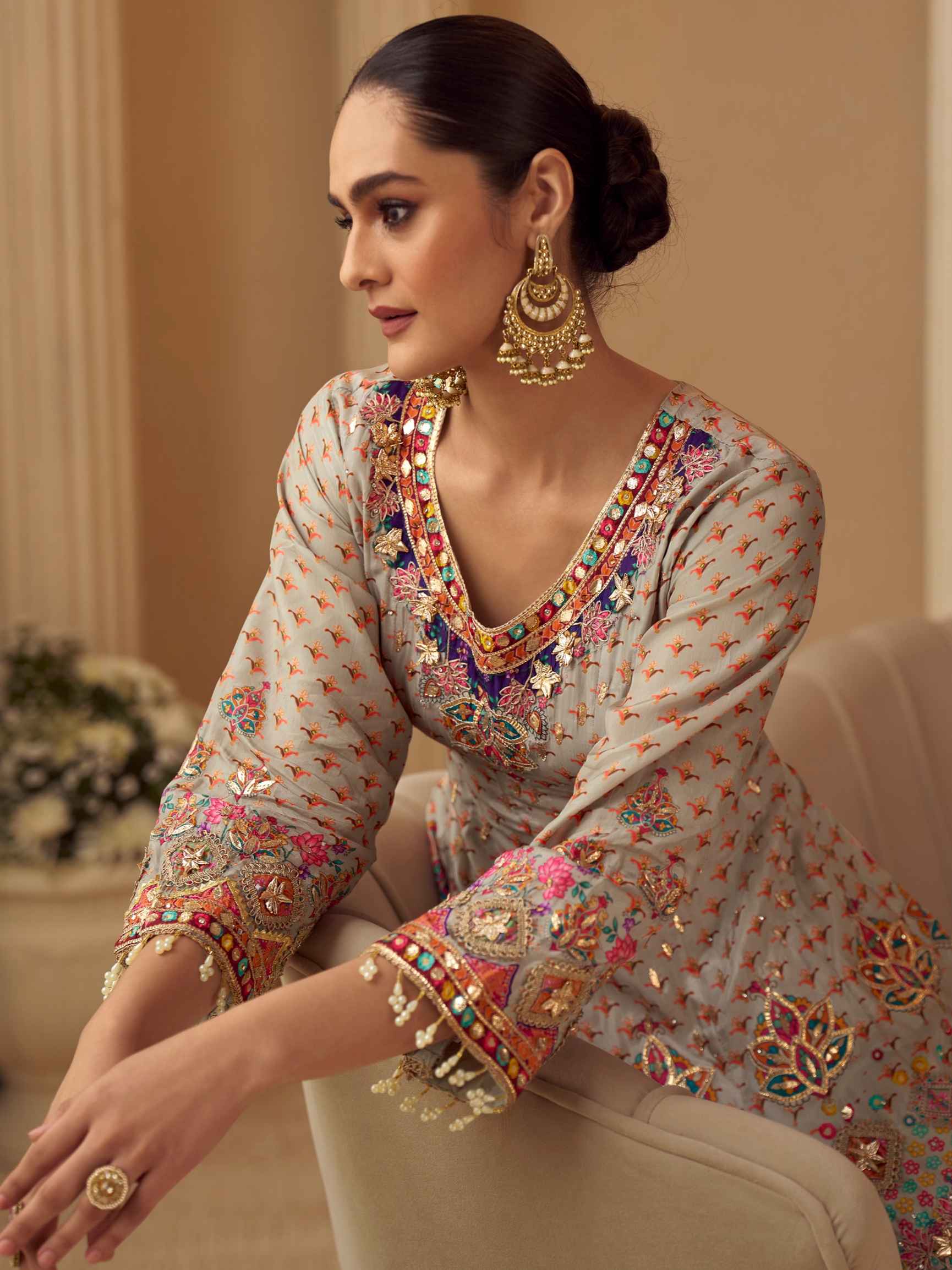 Ivory Beige Natural Crepe Silk Printed Plazzo Suit with Hand Aari Work