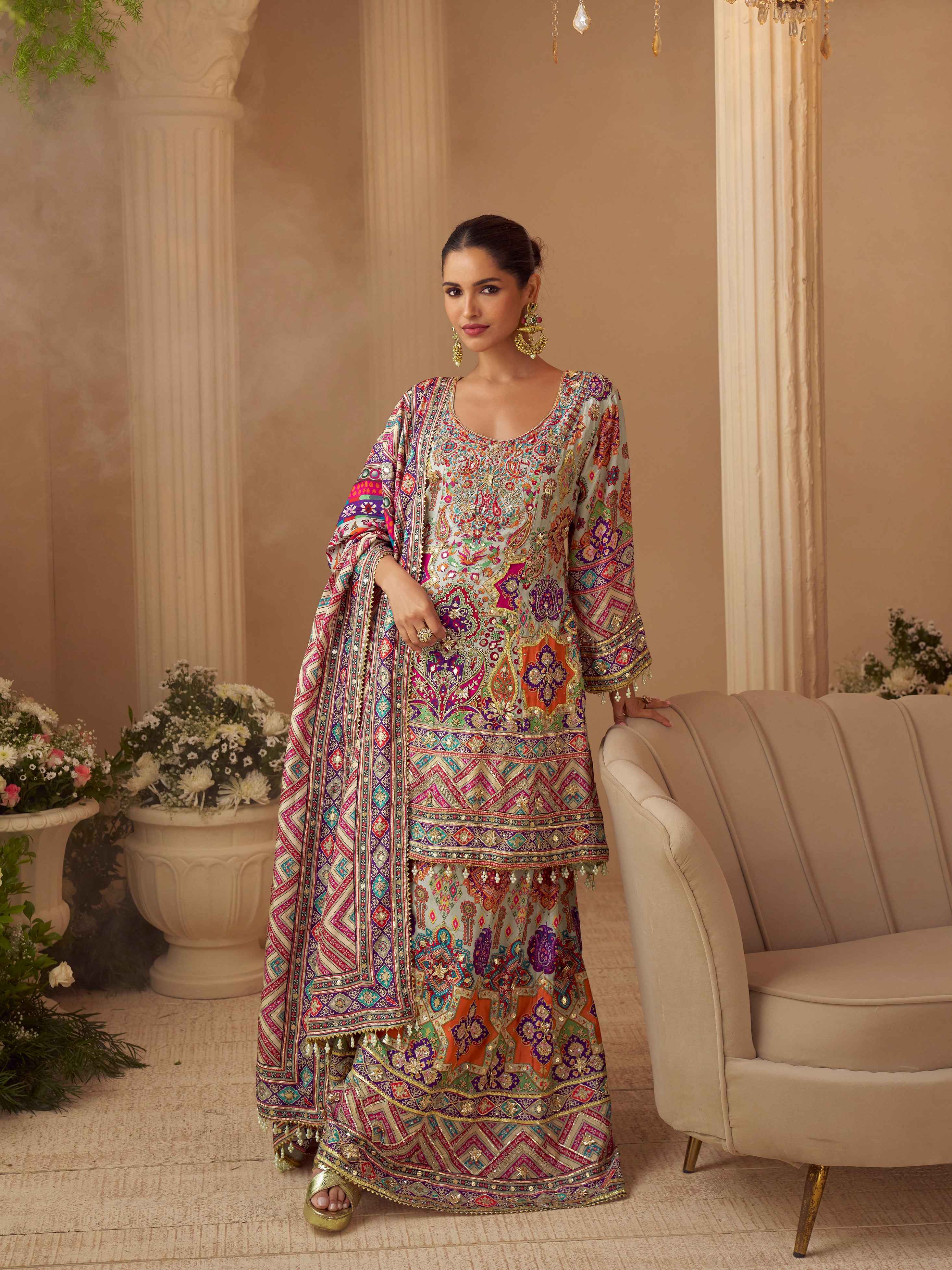 Multicolor Natural Crepe Silk Printed Plazzo Suit with Aari Gota Work