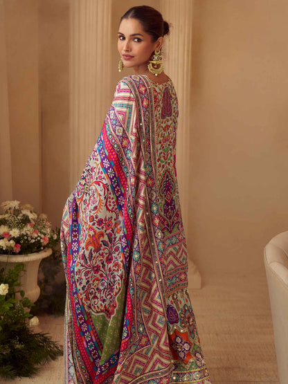 Multicolor Natural Crepe Silk Printed Plazzo Suit with Aari Gota Work