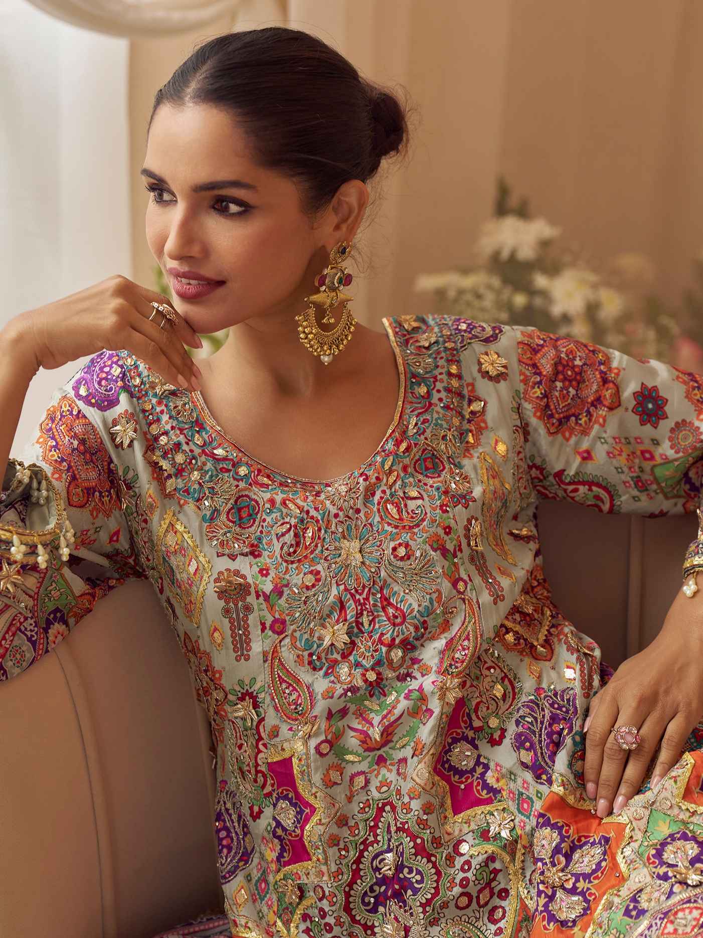 Multicolor Natural Crepe Silk Printed Plazzo Suit with Aari Gota Work