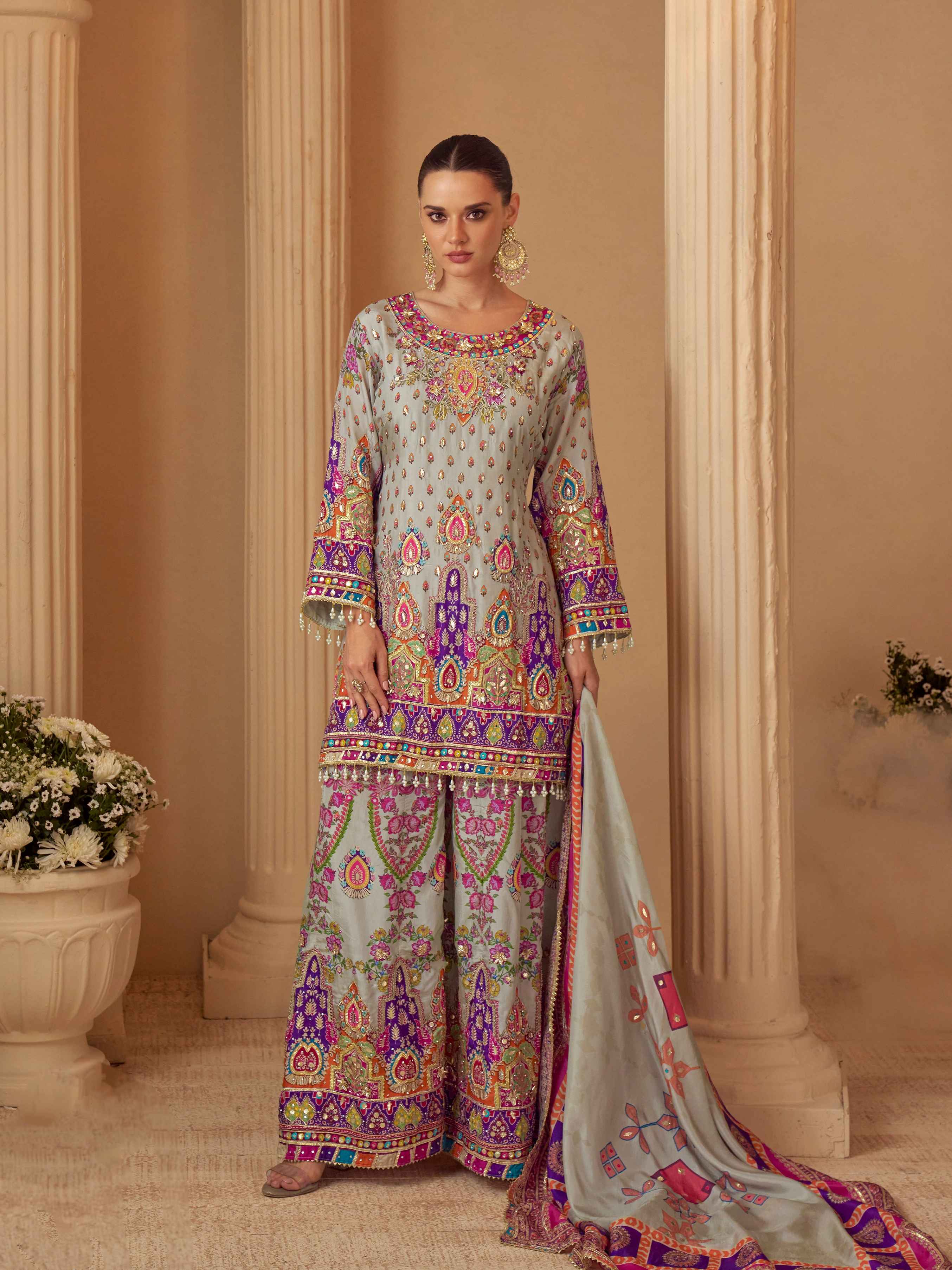 Pastel Grey Natural Silk Printed Plazzo Suit with Gota Tassel Dupatta
