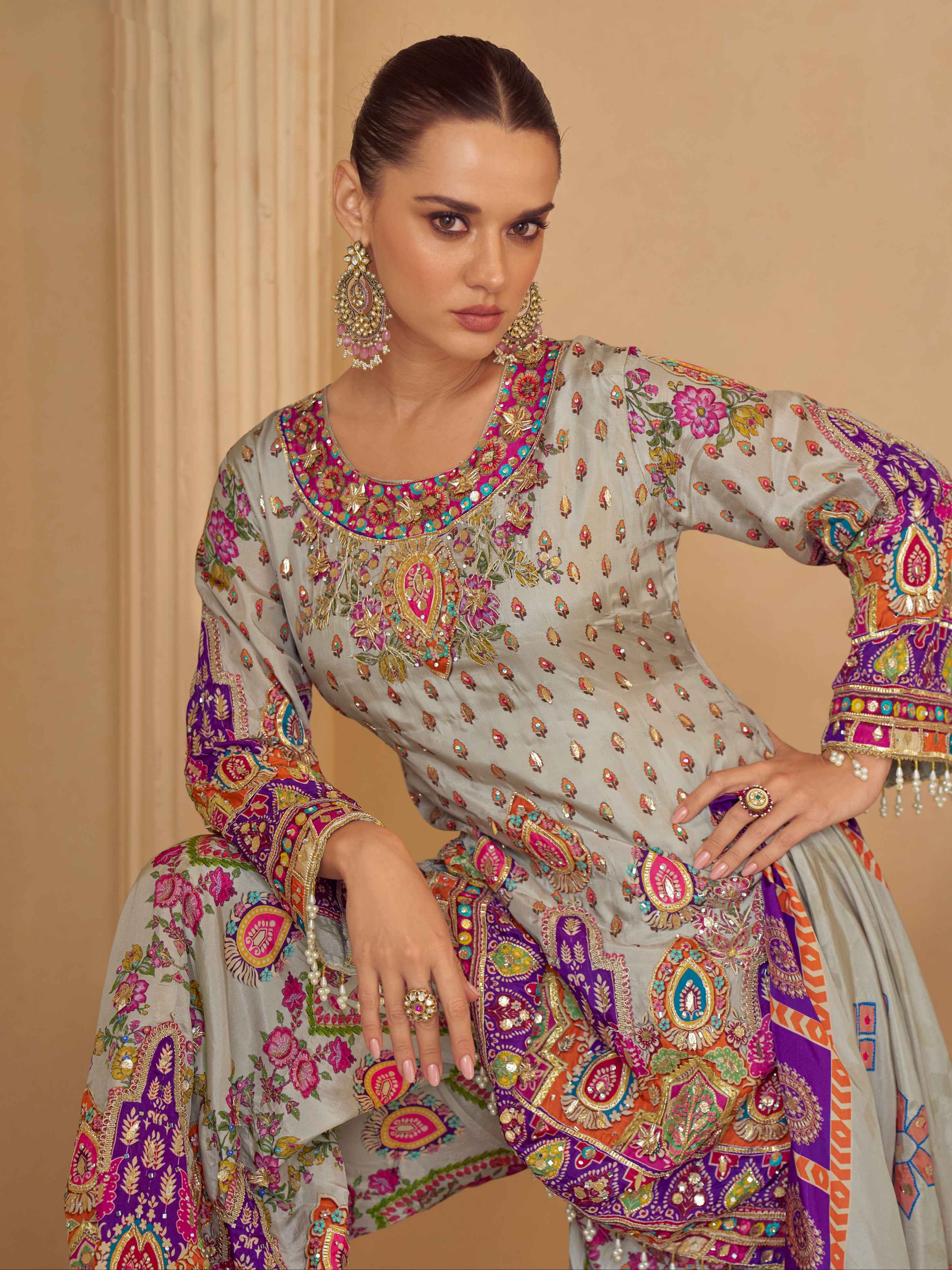 Pastel Grey Natural Silk Printed Plazzo Suit with Gota Tassel Dupatta