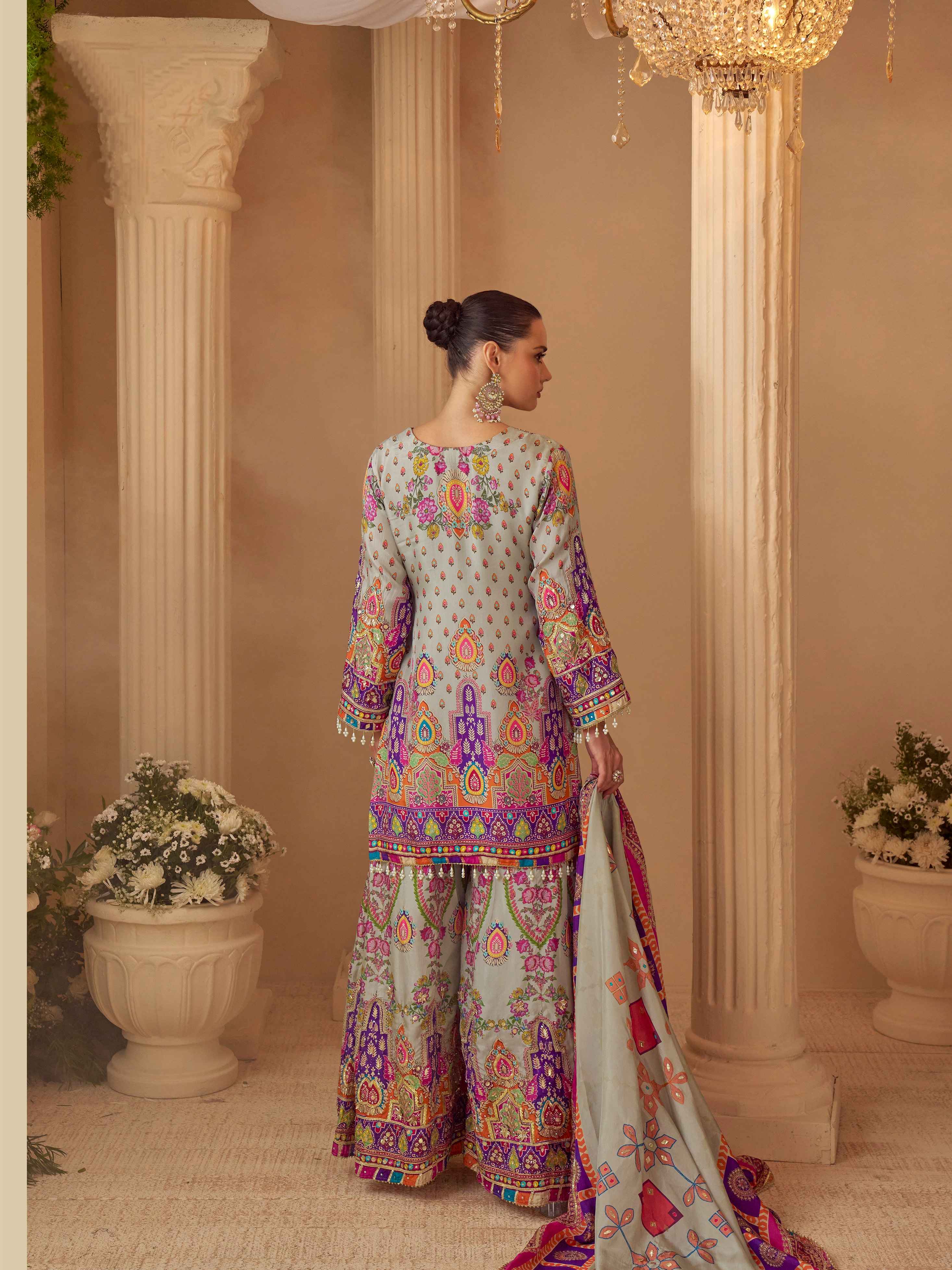 Pastel Grey Natural Silk Printed Plazzo Suit with Gota Tassel Dupatta