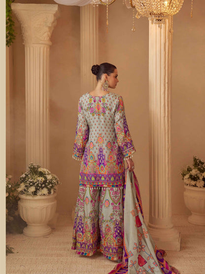 Pastel Grey Natural Silk Printed Plazzo Suit with Gota Tassel Dupatta