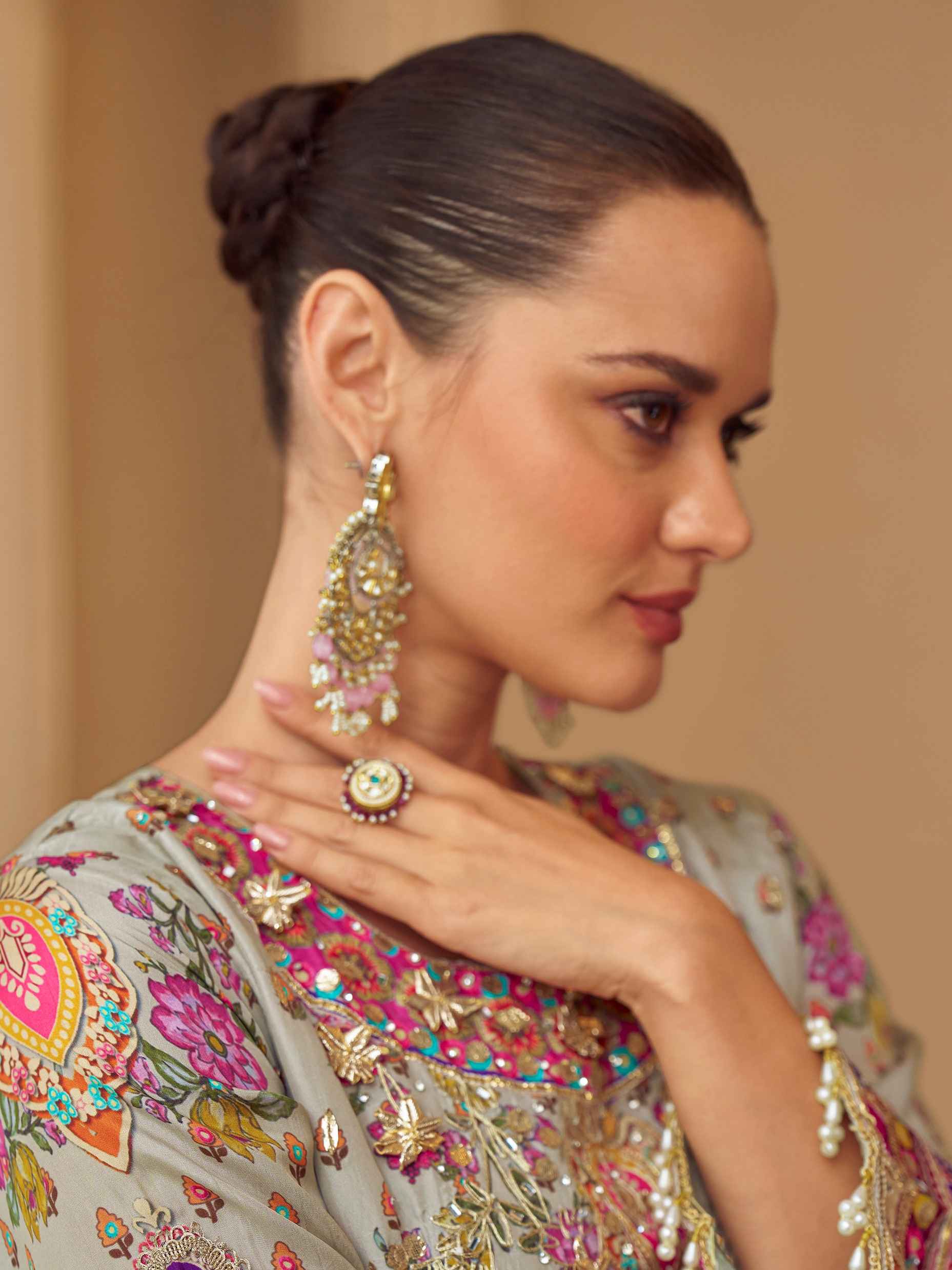 Pastel Grey Natural Silk Printed Plazzo Suit with Gota Tassel Dupatta