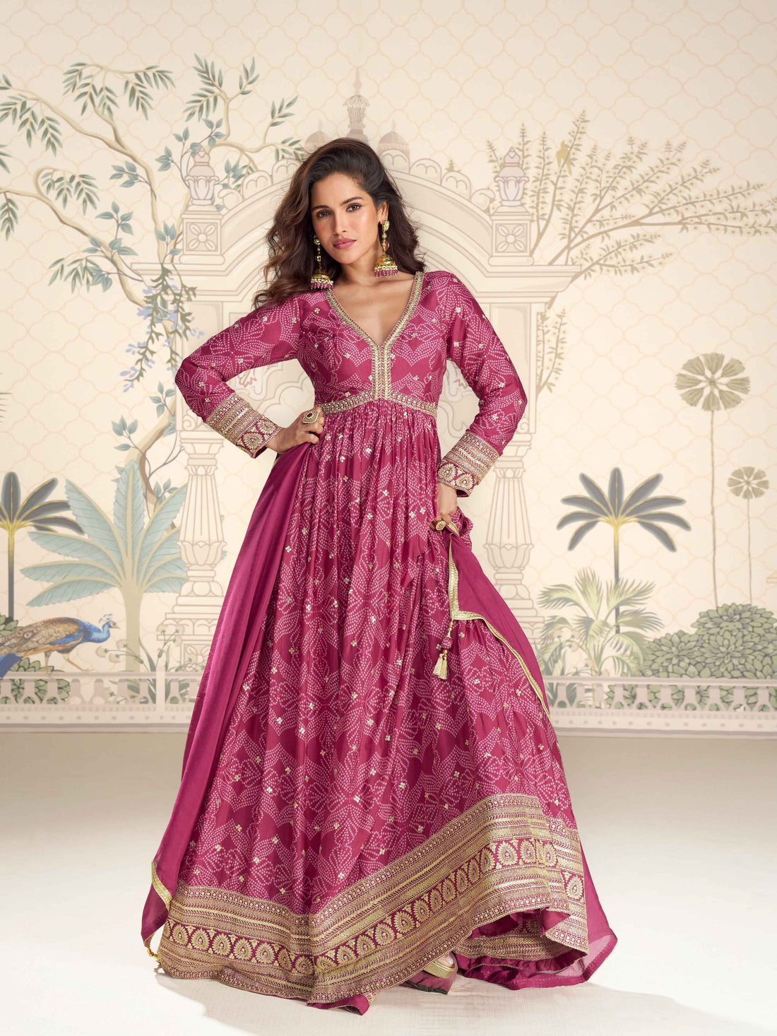 Pink Premium Chinon Silk Embroidered Anarkali Gown with Dupatta