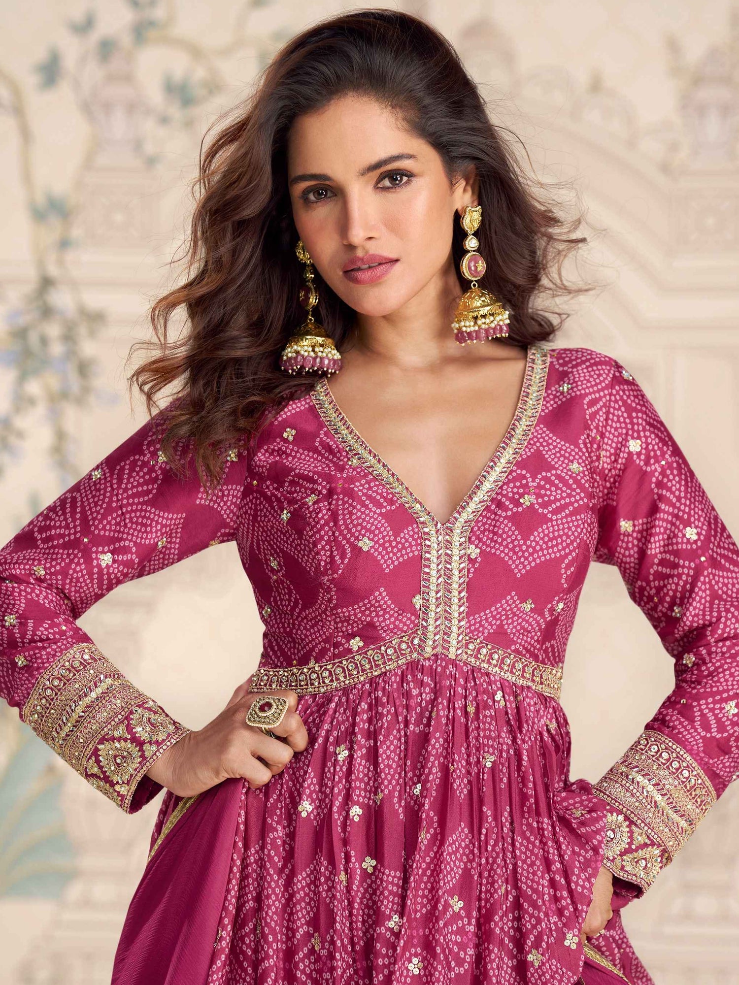 Pink Premium Chinon Silk Embroidered Anarkali Gown with Dupatta