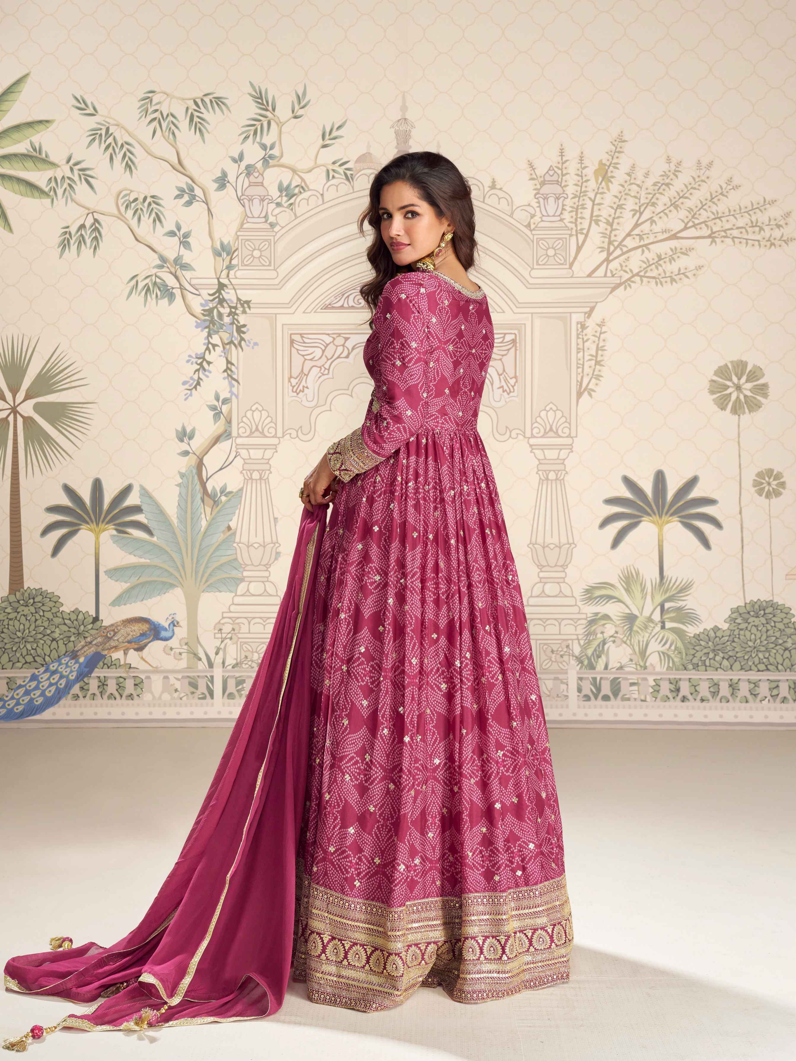 Pink Premium Chinon Silk Embroidered Anarkali Gown with Dupatta