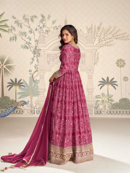 Pink Premium Chinon Silk Embroidered Anarkali Gown with Dupatta
