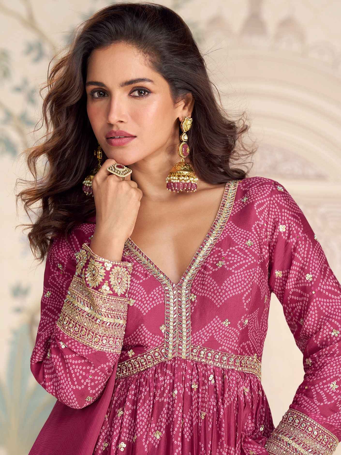 Pink Premium Chinon Silk Embroidered Anarkali Gown with Dupatta