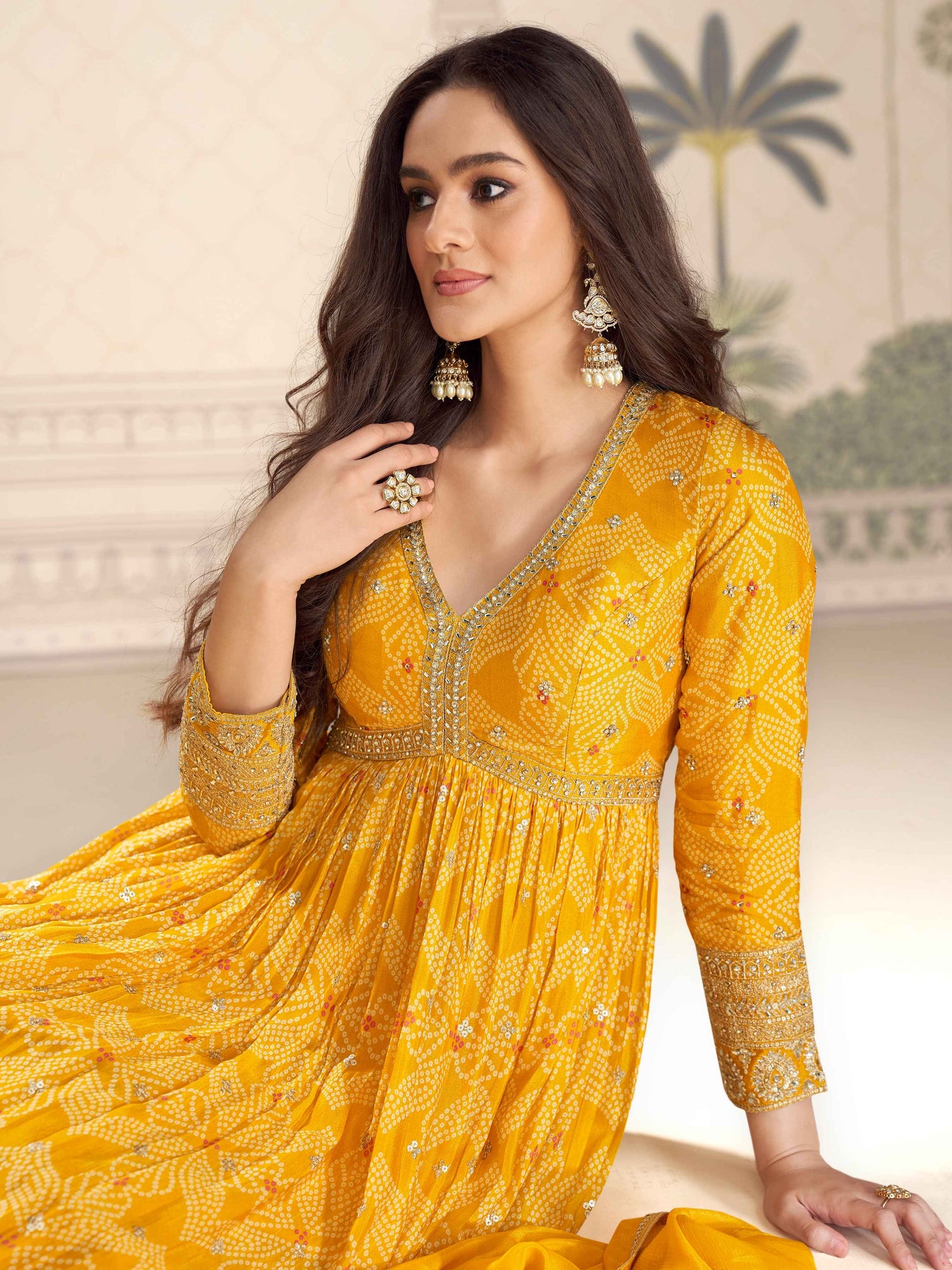 Yellow Chinon Silk Digital Embroidered Anarkali Gown with Dupatta