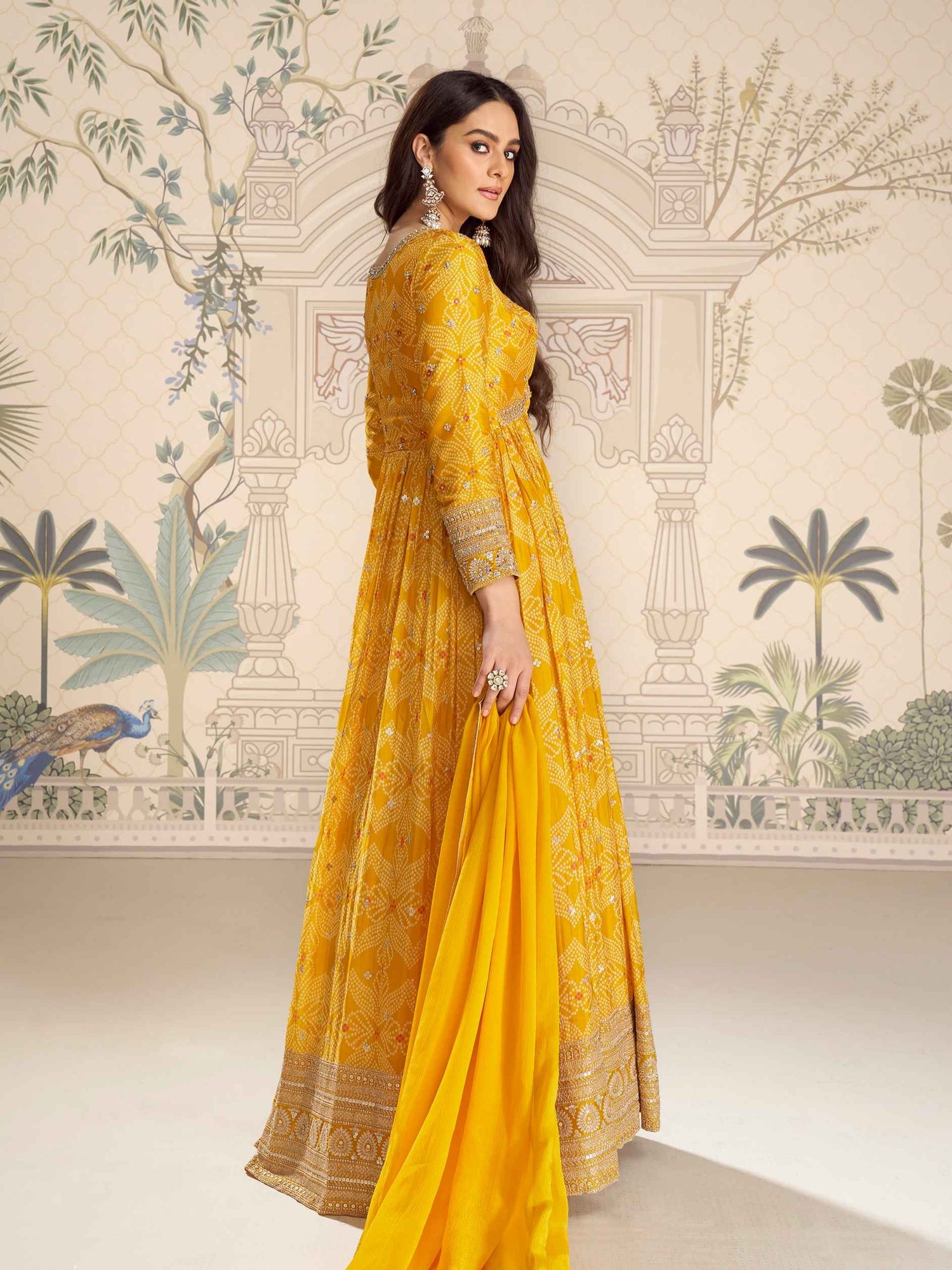 Yellow Chinon Silk Digital Embroidered Anarkali Gown with Dupatta