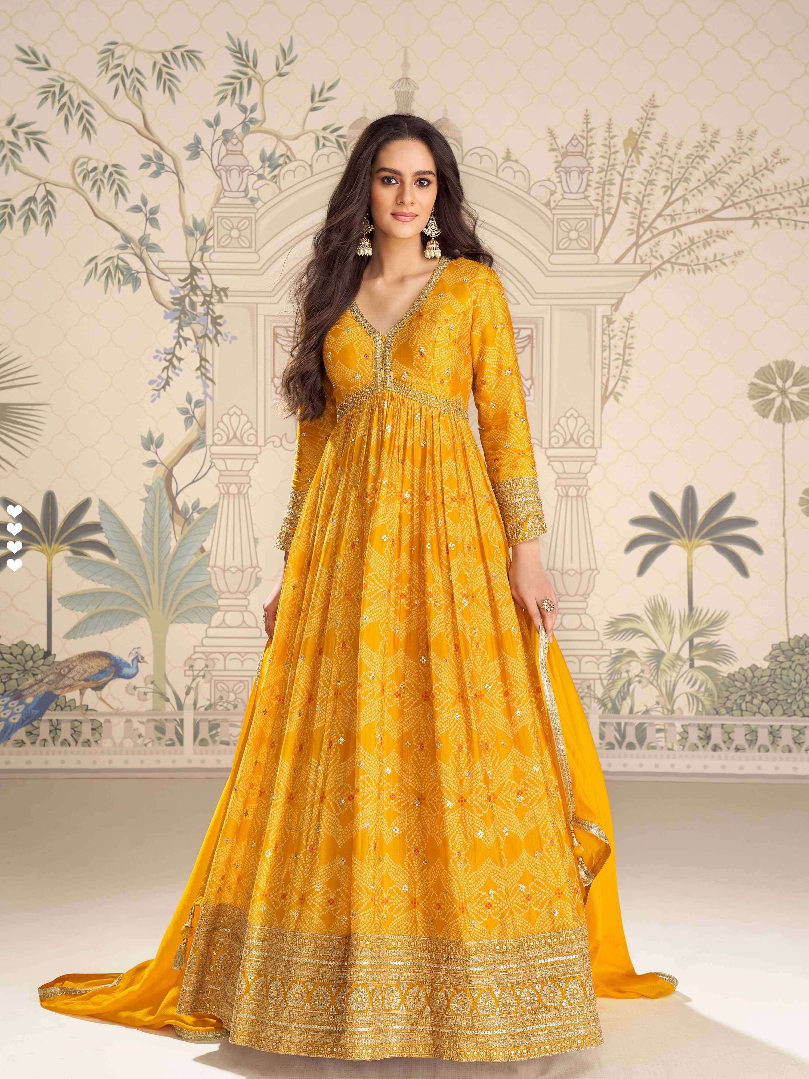 Yellow Chinon Silk Digital Embroidered Anarkali Gown with Dupatta