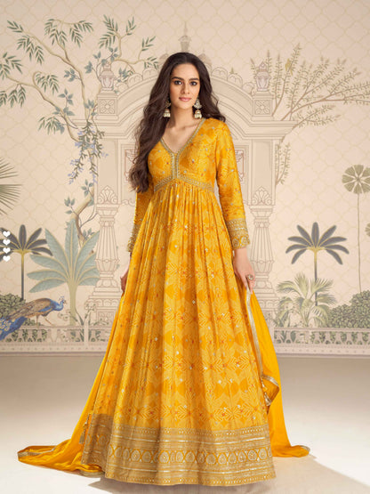 Yellow Chinon Silk Digital Embroidered Anarkali Gown with Dupatta