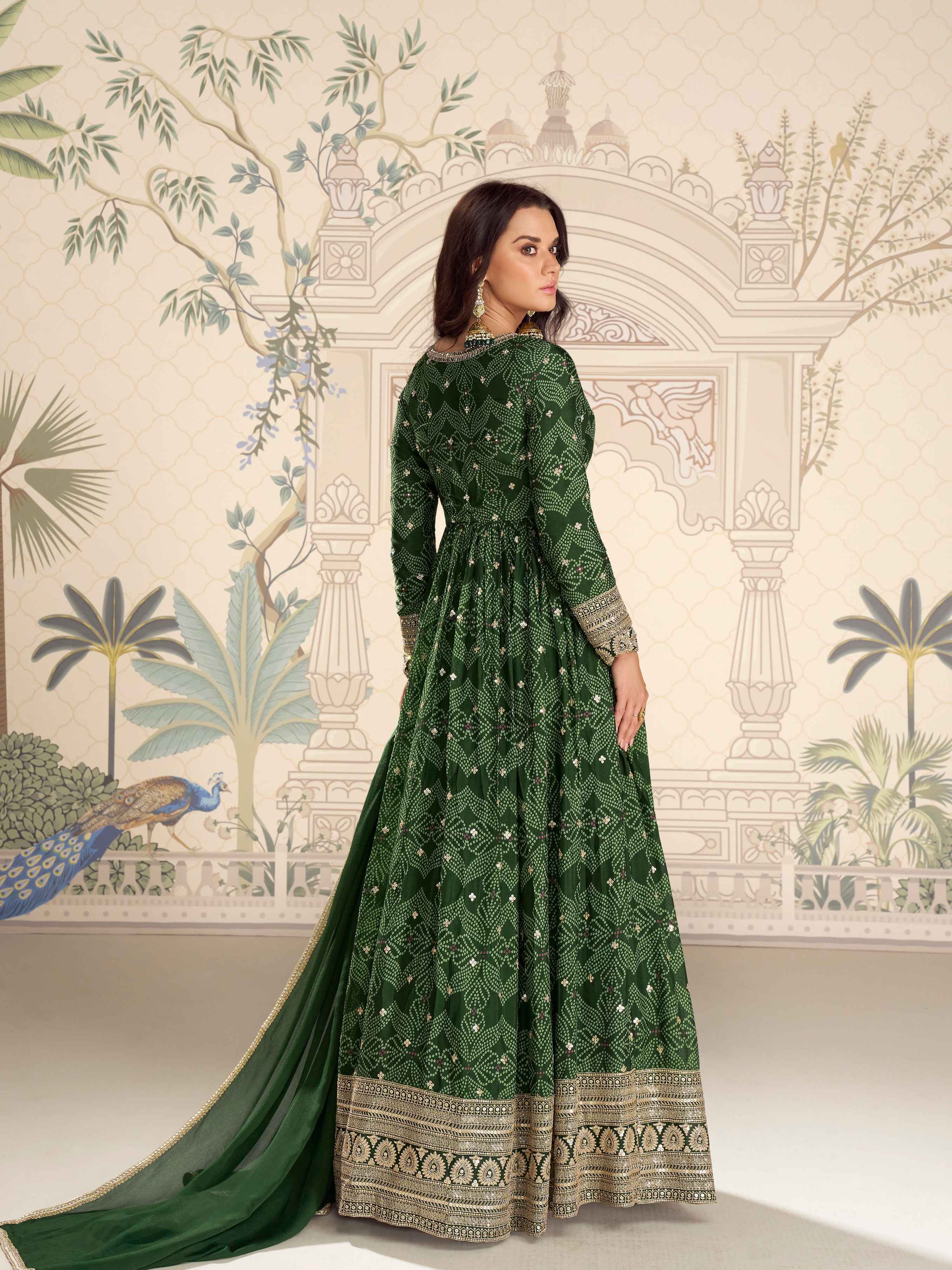 Dark Green Premium Chinon Silk Embroidered Anarkali Gown