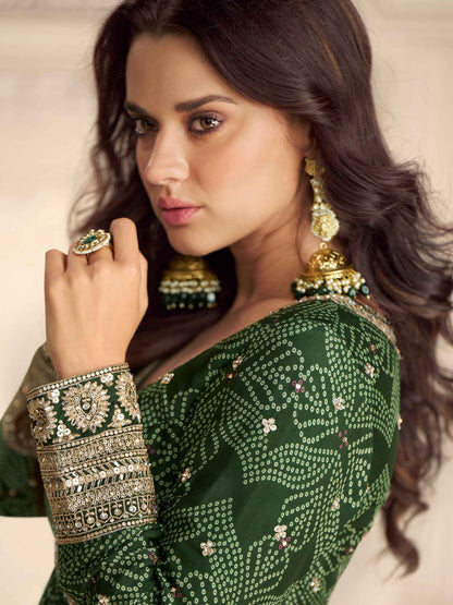 Dark Green Premium Chinon Silk Embroidered Anarkali Gown