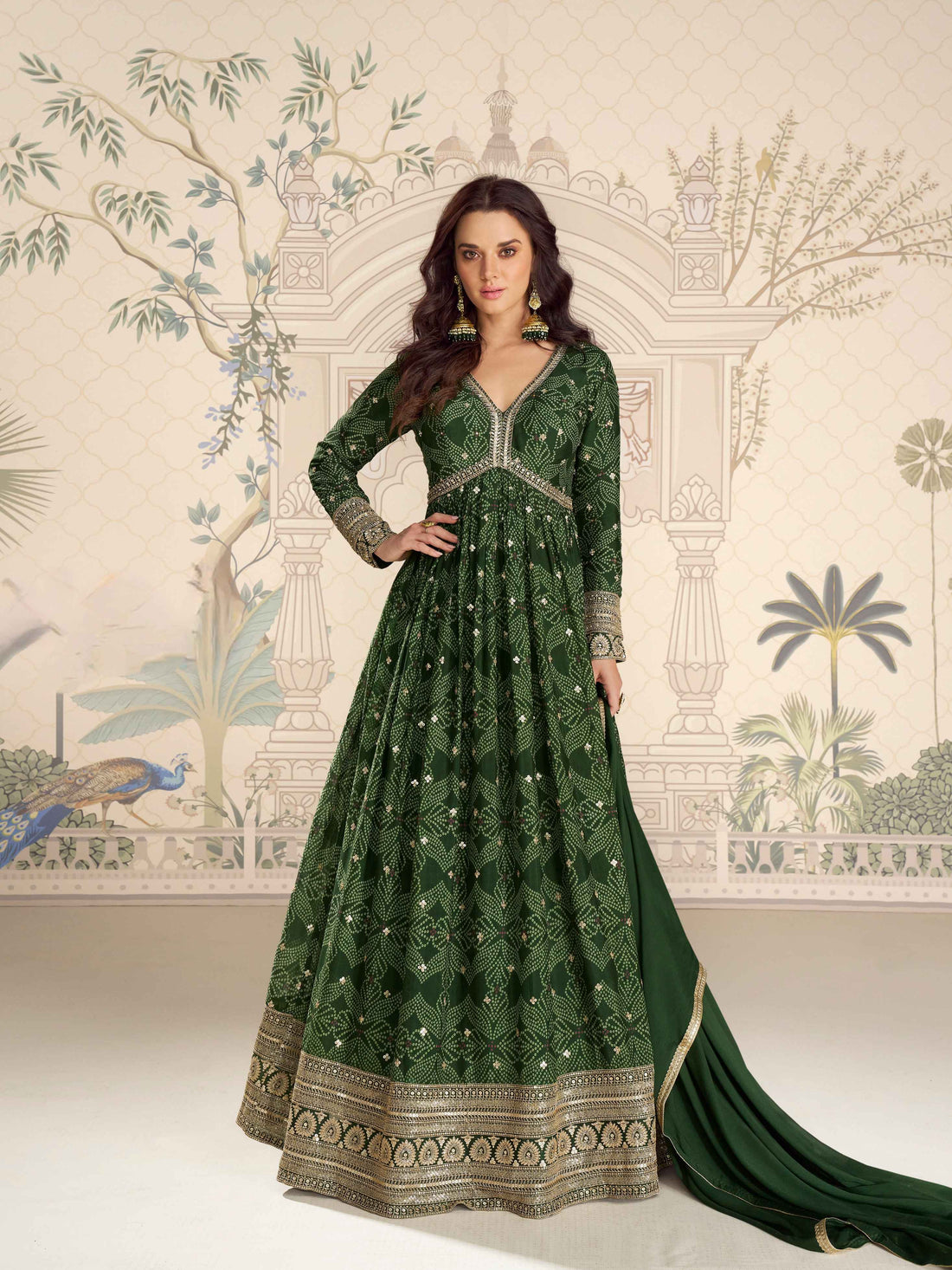 Dark Green Premium Chinon Silk Embroidered Anarkali Gown