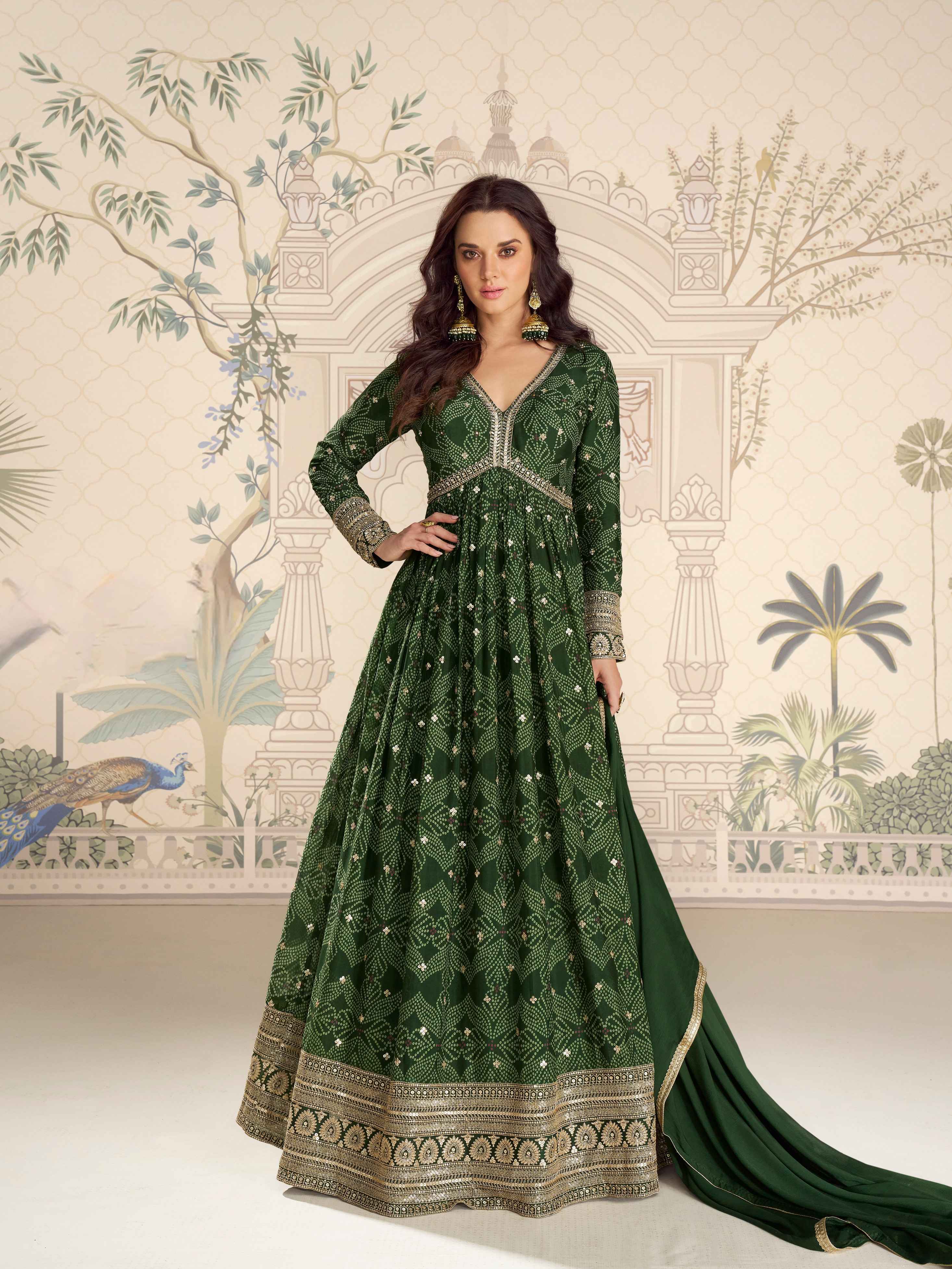 Dark Green Premium Chinon Silk Embroidered Anarkali Gown