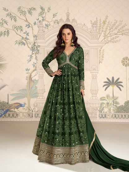 Dark Green Premium Chinon Silk Embroidered Anarkali Gown