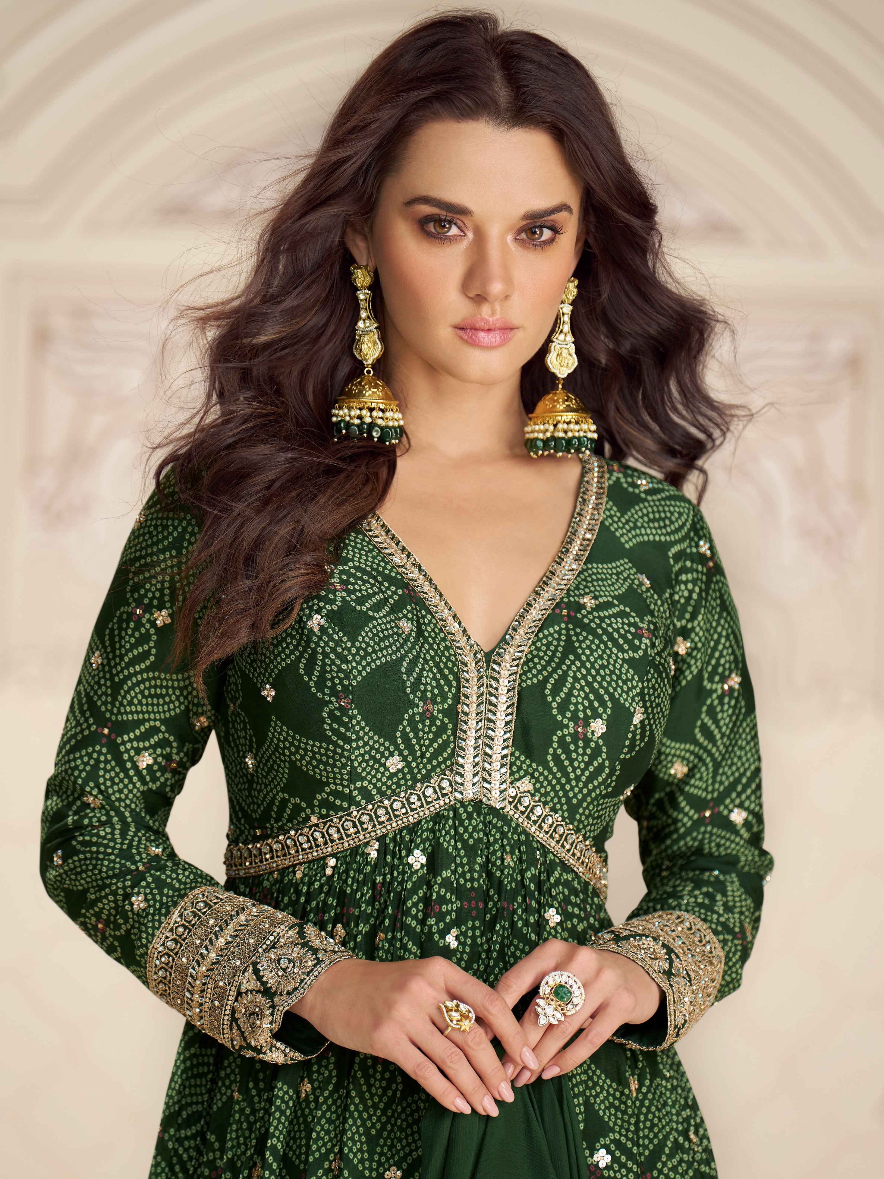 Dark Green Premium Chinon Silk Embroidered Anarkali Gown