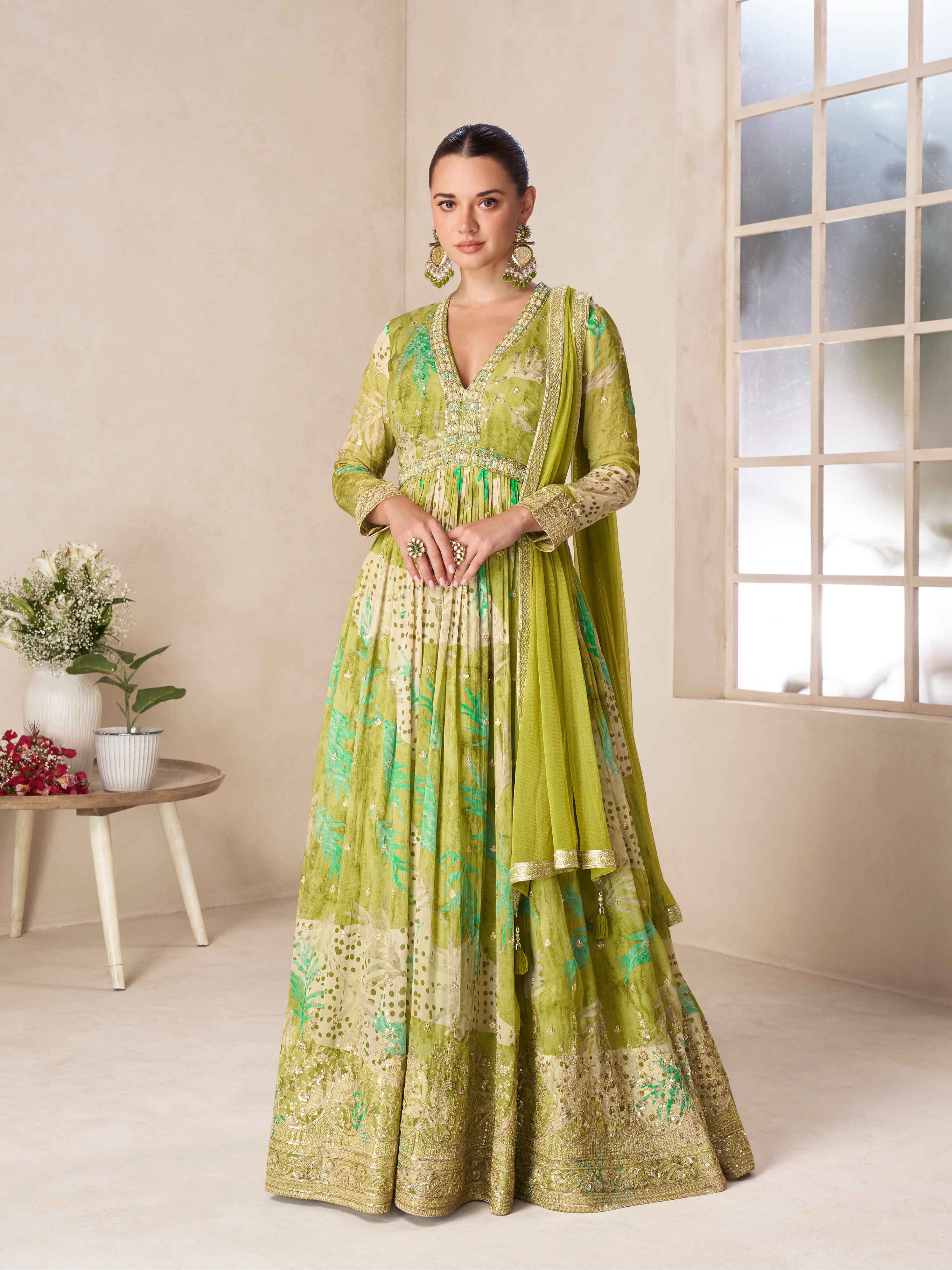 Pista Green Real Chinon Digital Printed Anarkali Gown with Net Dupatta