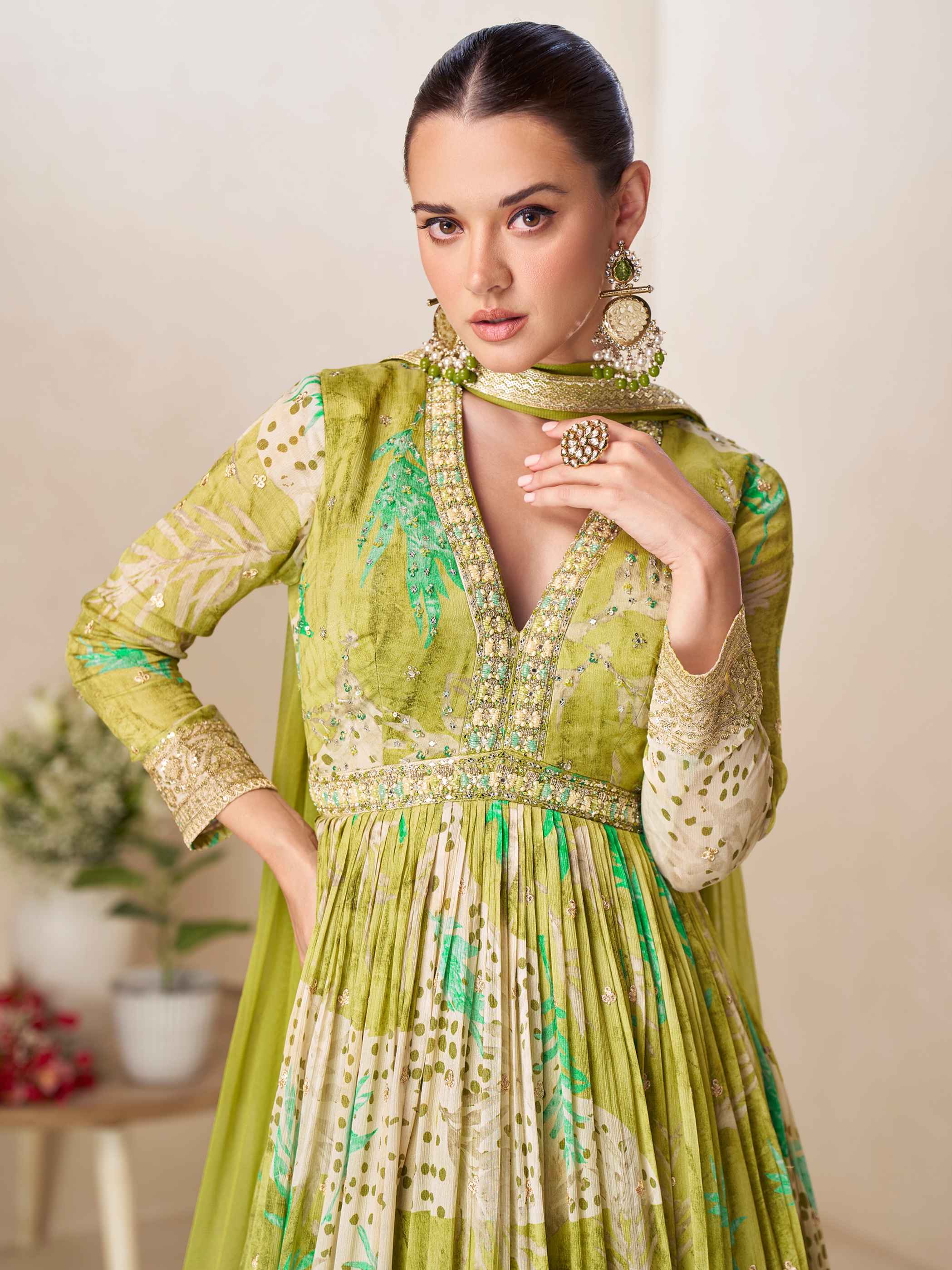 Pista Green Real Chinon Digital Printed Anarkali Gown with Net Dupatta
