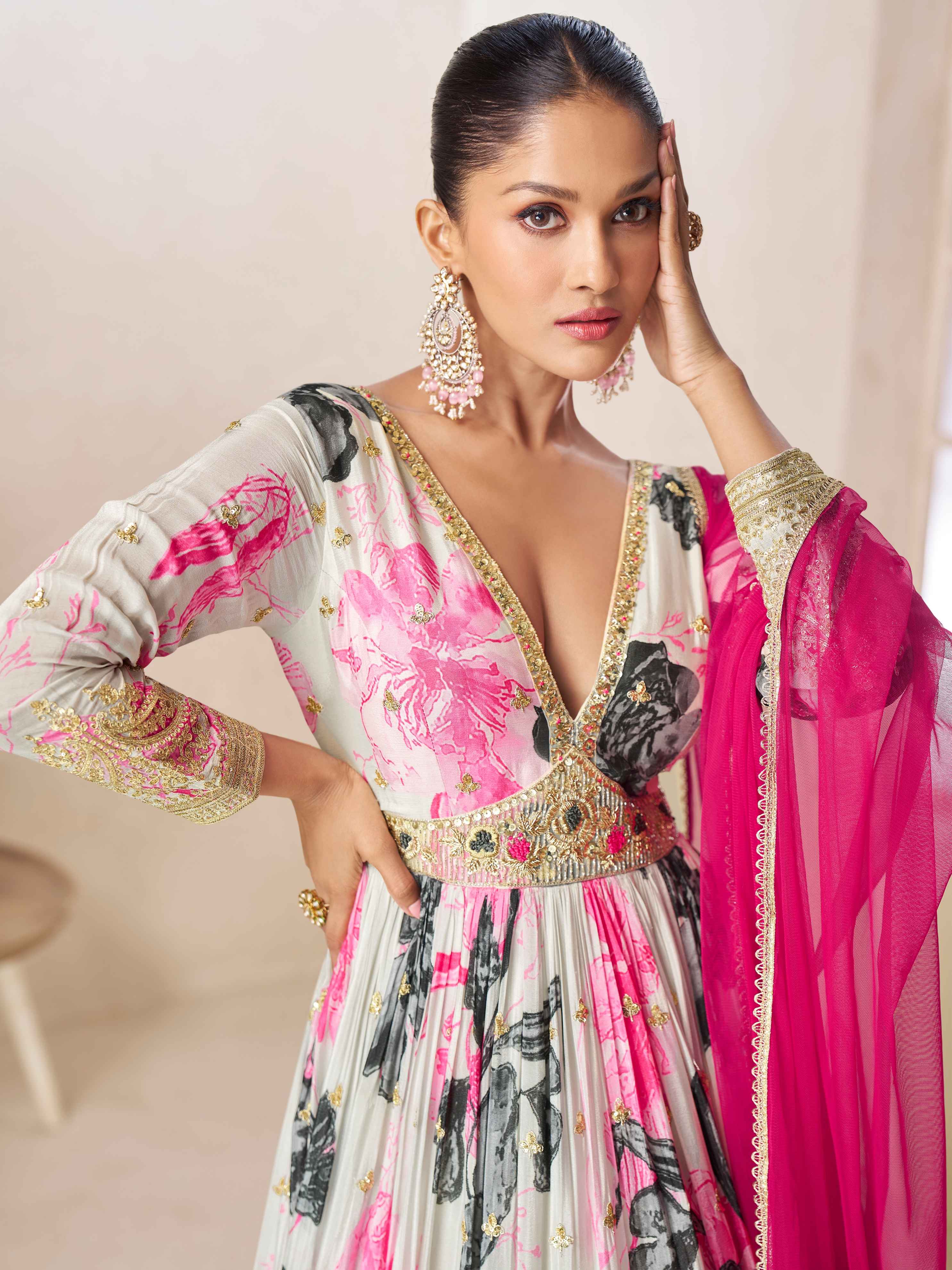 Off White &amp; Pink Floral Chinon Digital Anarkali Gown