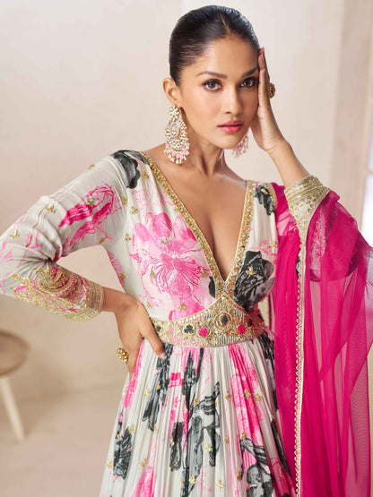 Off White &amp; Pink Floral Chinon Digital Anarkali Gown