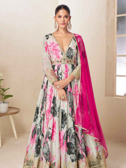 Off White &amp; Pink Floral Chinon Digital Anarkali Gown