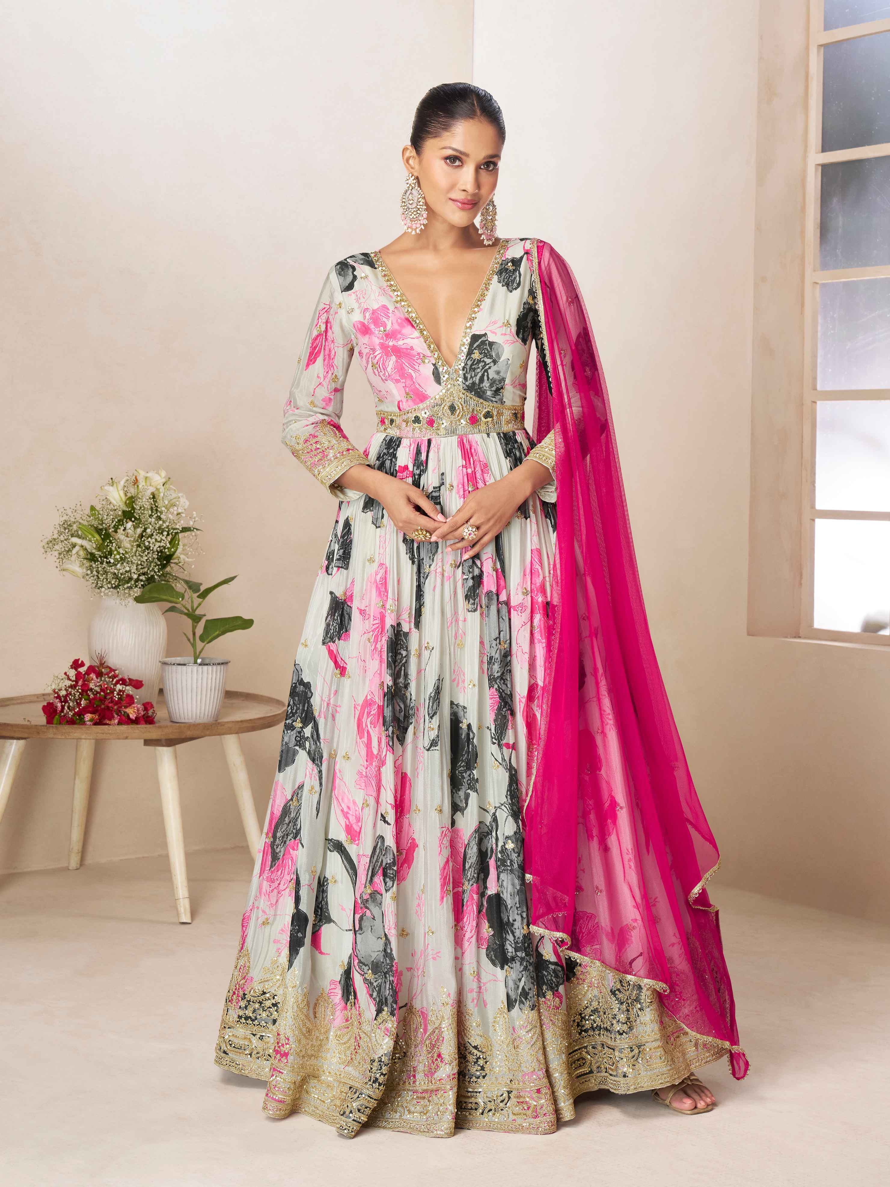 Off White &amp; Pink Floral Chinon Digital Anarkali Gown