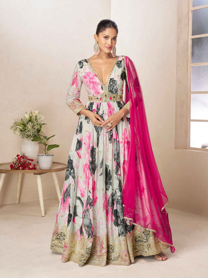 Off White &amp; Pink Floral Chinon Digital Anarkali Gown