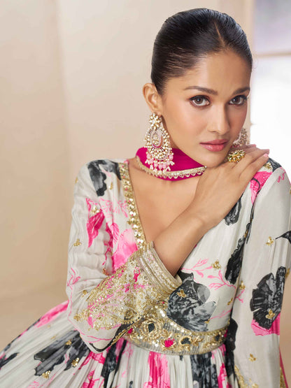 Off White &amp; Pink Floral Chinon Digital Anarkali Gown