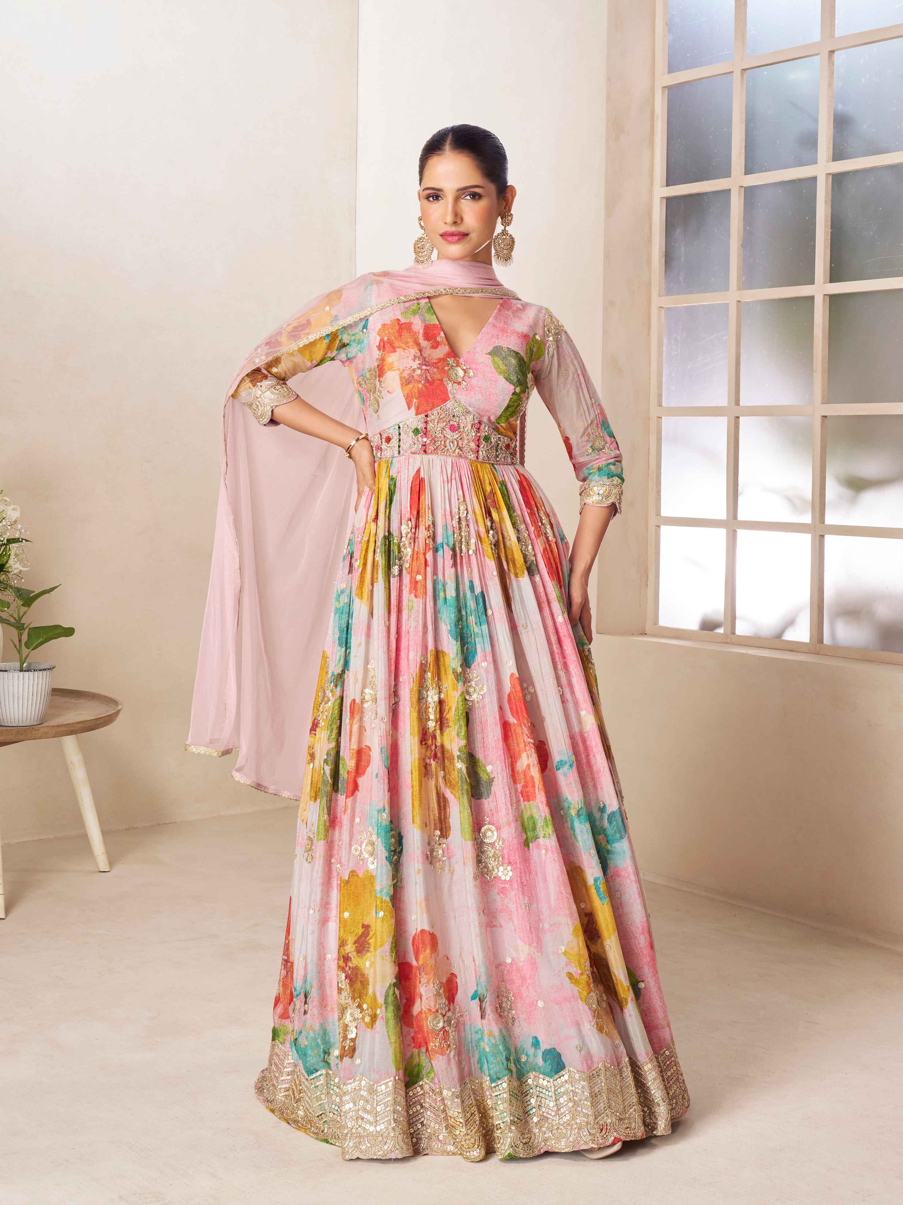 Pastel Multicolor Chinon Digital Floral Anarkali Gown