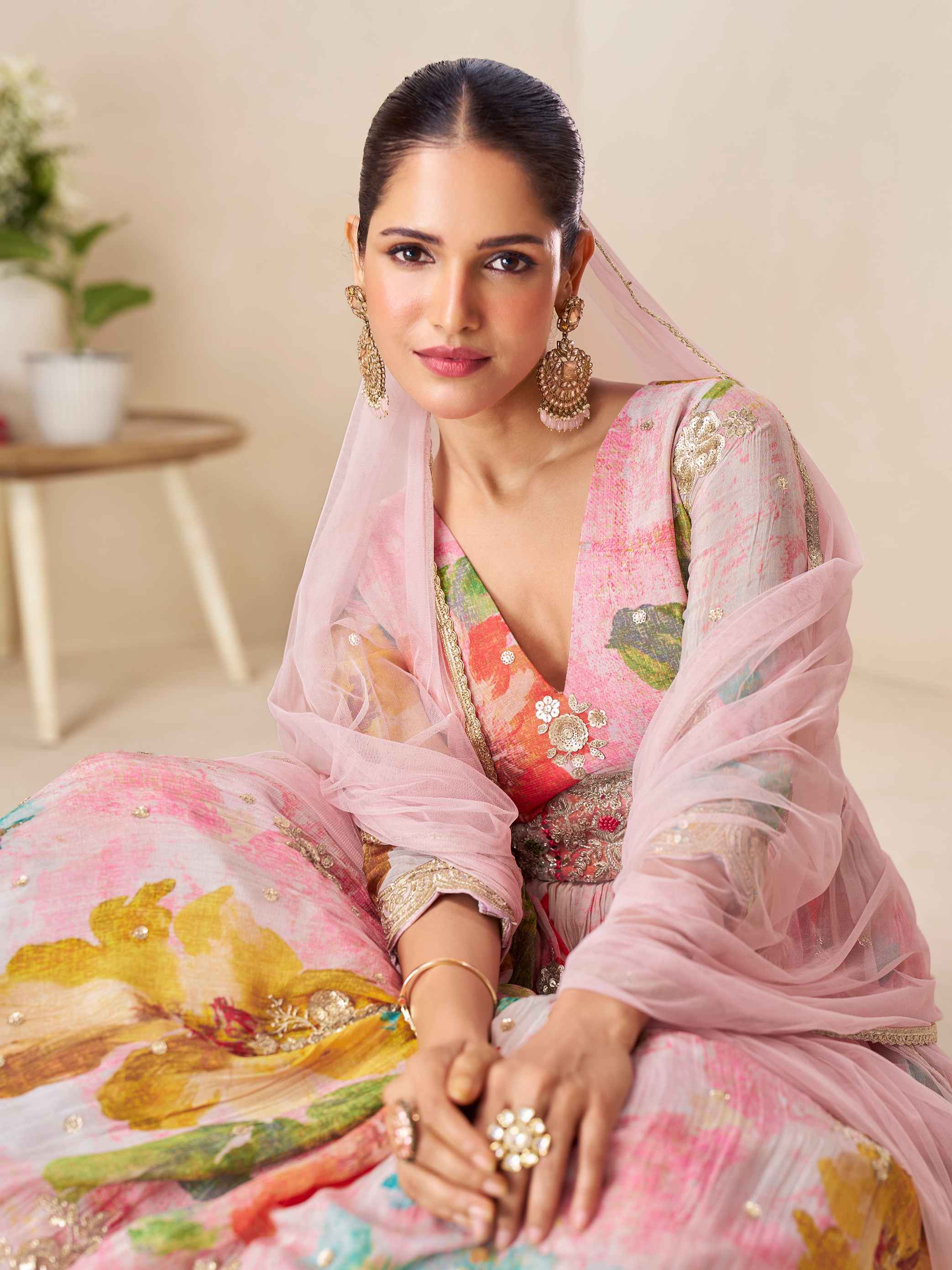 Pastel Multicolor Chinon Digital Floral Anarkali Gown