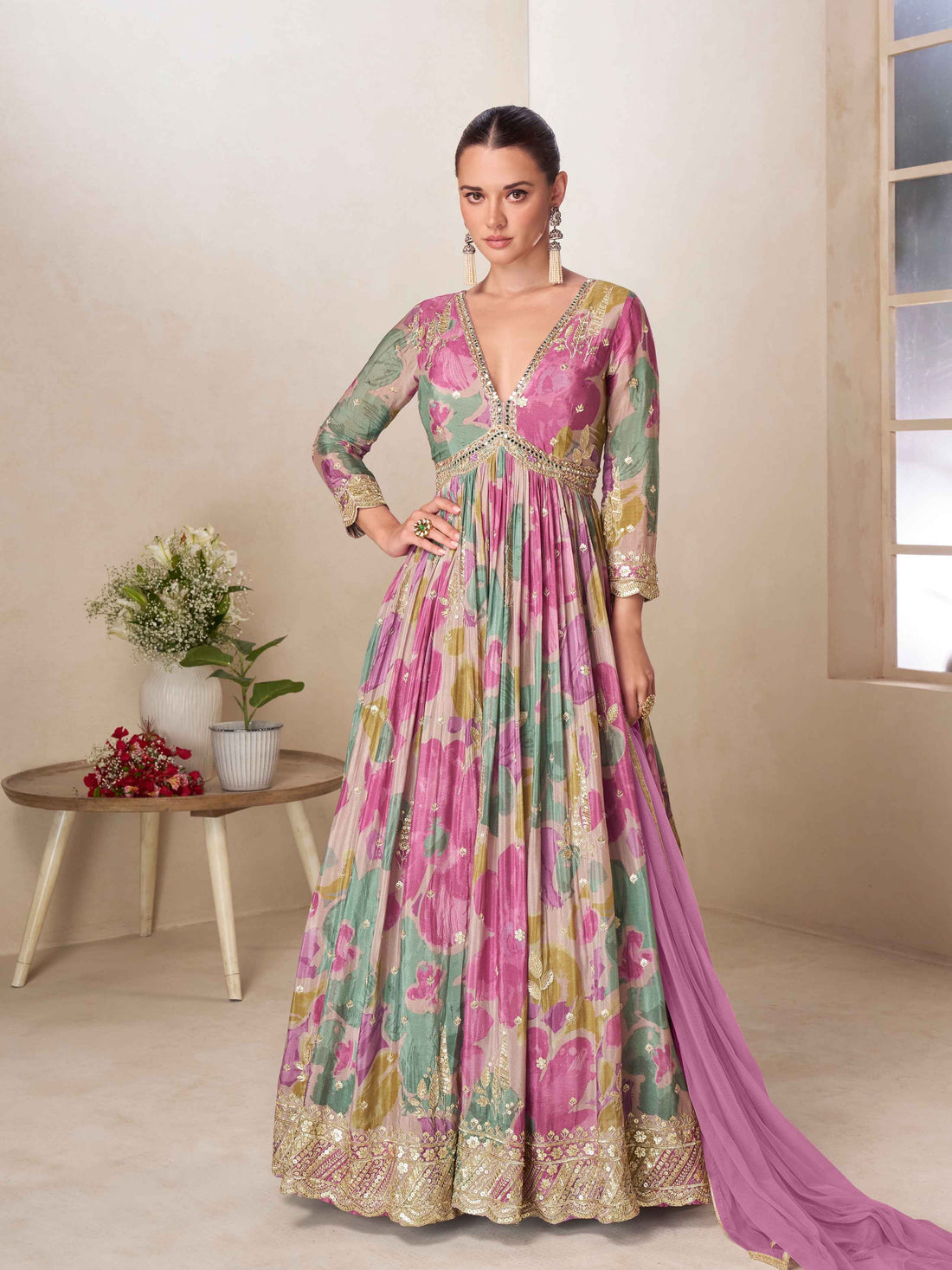 Mauve &amp; Green Chinon Digital Floral Anarkali Gown