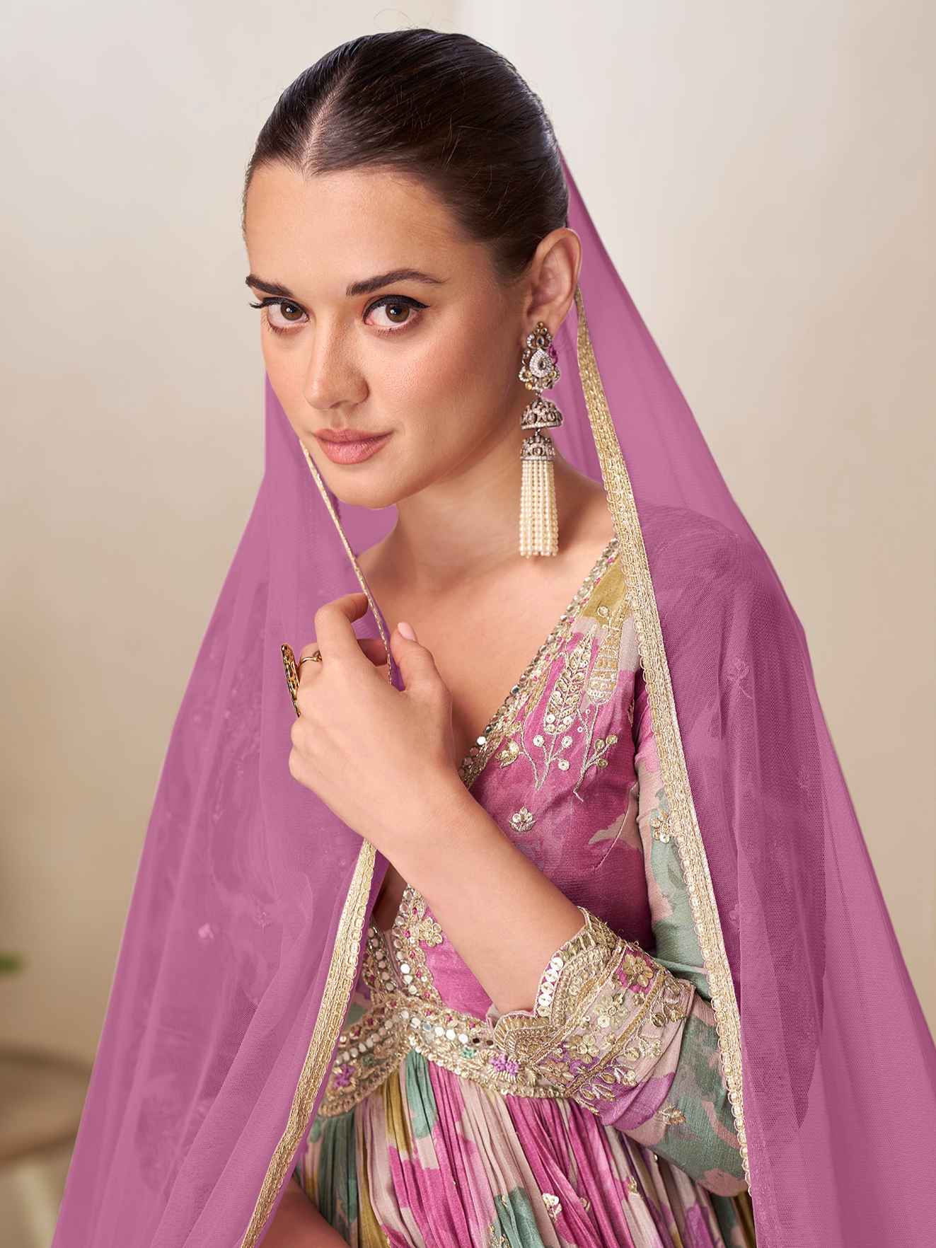 Mauve &amp; Green Chinon Digital Floral Anarkali Gown