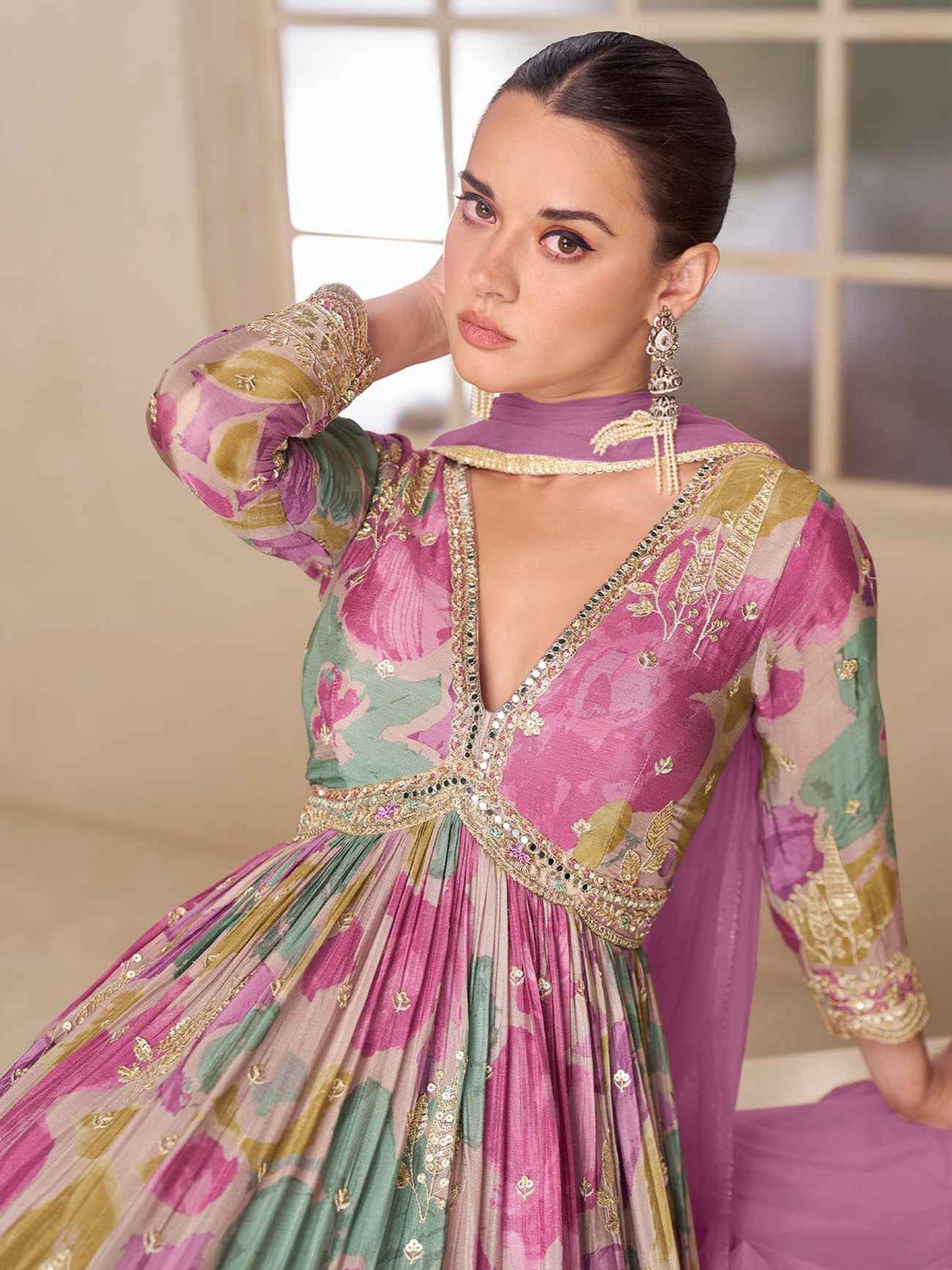 Mauve &amp; Green Chinon Digital Floral Anarkali Gown