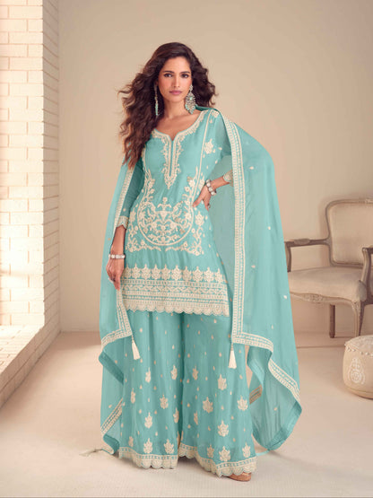 Embroidered Chinon Kurti Palazzo Suit for Women 