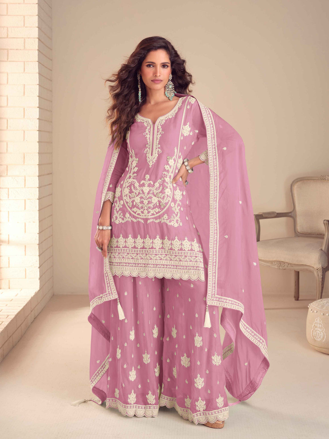 Embroidered Chinon Kurti Palazzo Suit for Women 