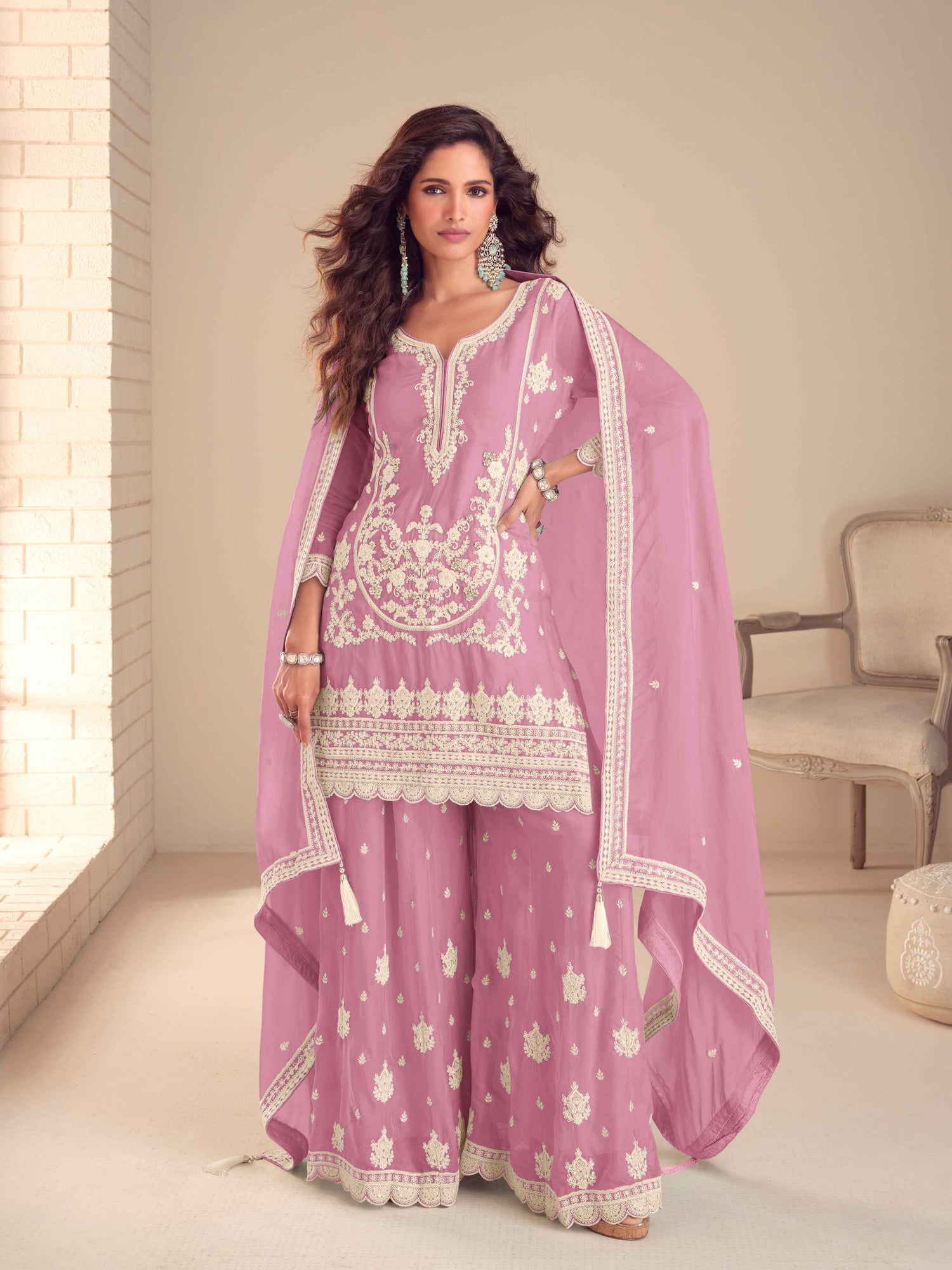 Embroidered Chinon Kurti Palazzo Suit for Women 