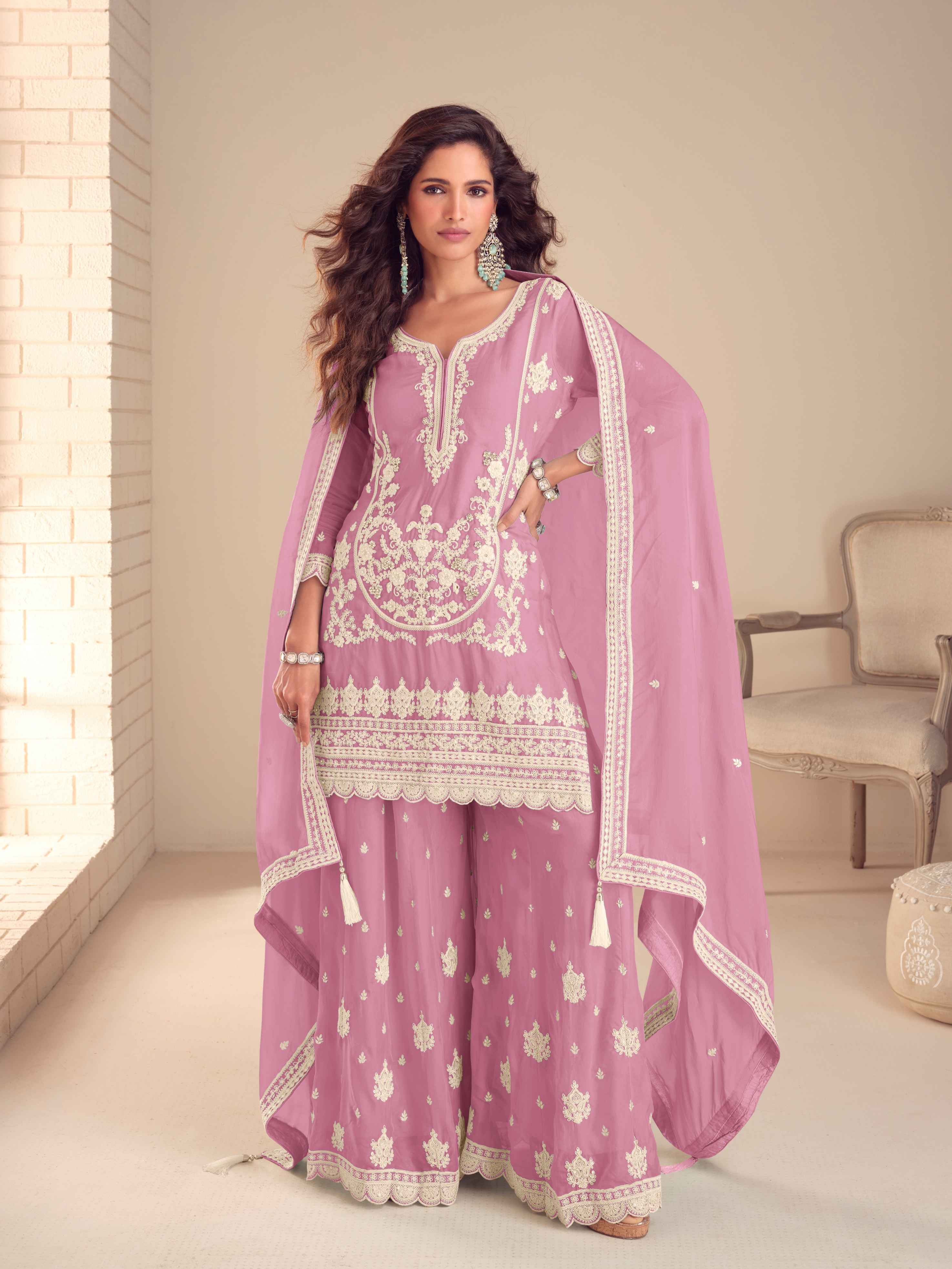 Embroidered Chinon Kurti Palazzo Suit for Women 