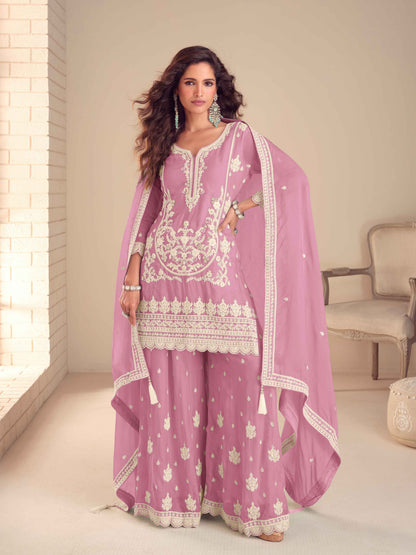 Embroidered Chinon Kurti Palazzo Suit for Women 