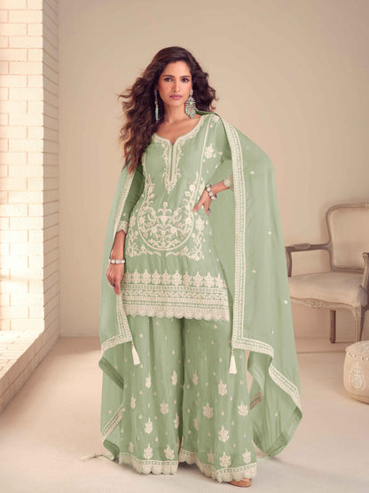 Embroidered Chinon Kurti Palazzo Suit for Women 