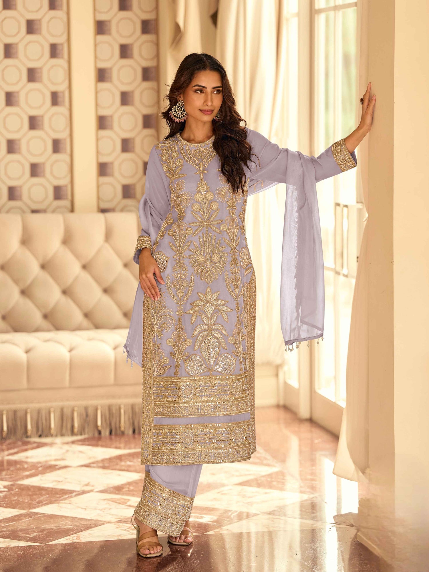 Designer Georgette Embroidered Kurti Palazzo Suit with Dupatta