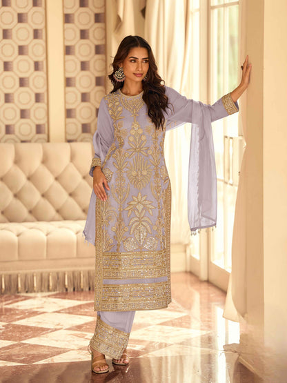 Designer Georgette Embroidered Kurti Palazzo Suit with Dupatta